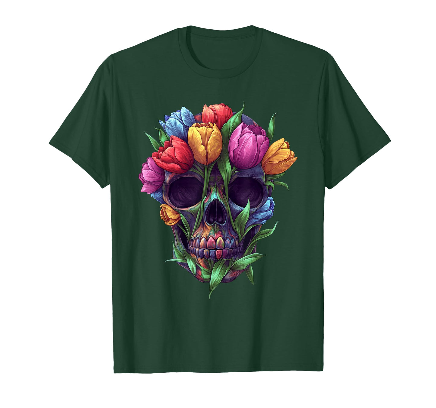 Tulips Skeleton Skull Flower Nature Gardening T-Shirt