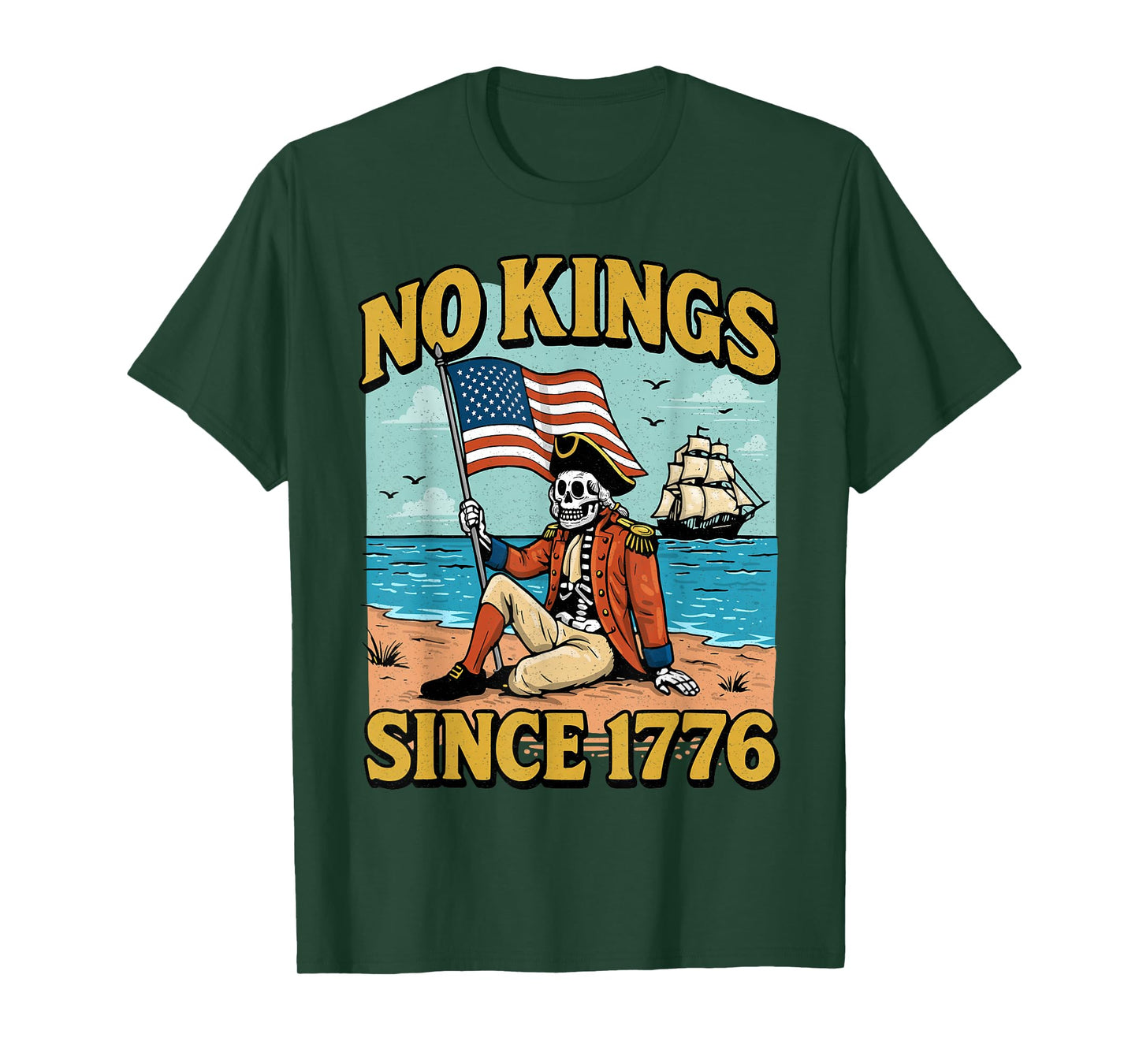 No Kings Since 1776 Funny Skeleton USA Flag 4th of July T-Shirt