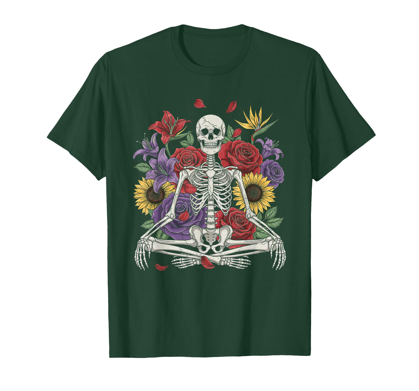 Meditating Skeleton with Flowers Funny Halloween Costume T-Shirt