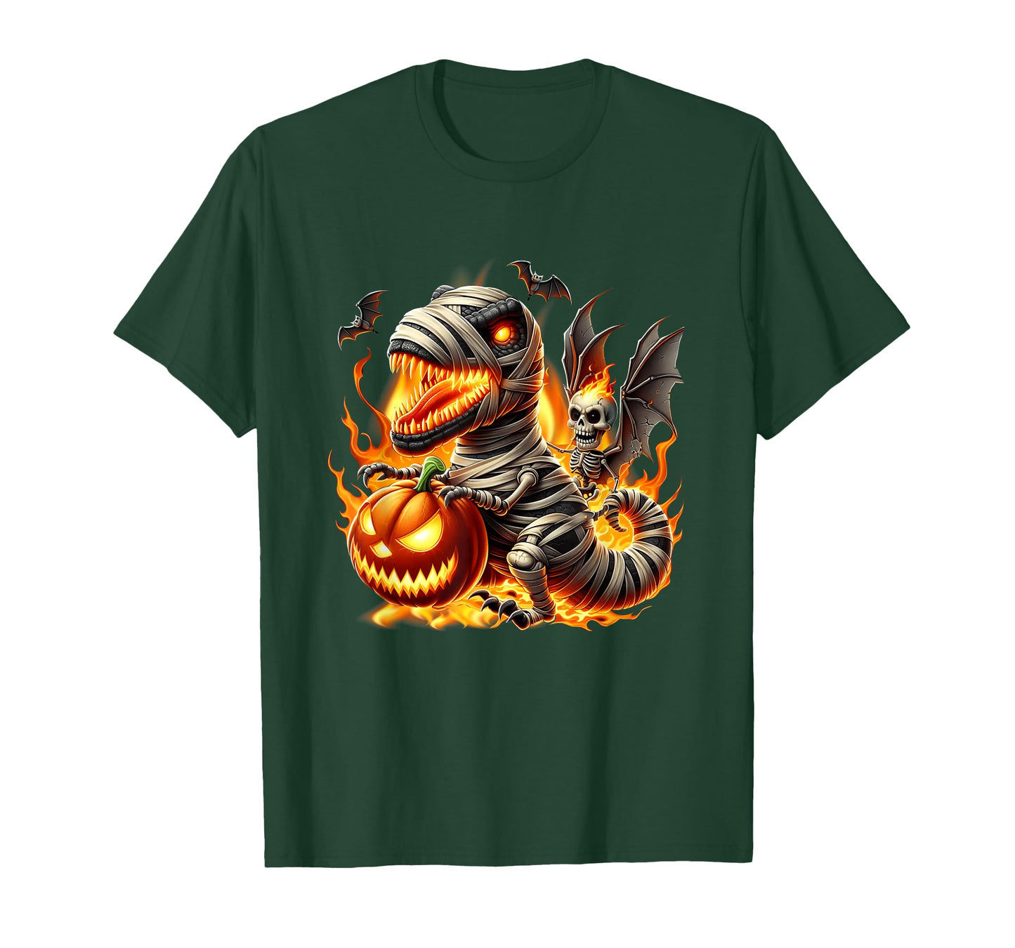 Spooky Skeleton Riding Dinosaur T-Rex Halloween Pumpkin T-Shirt