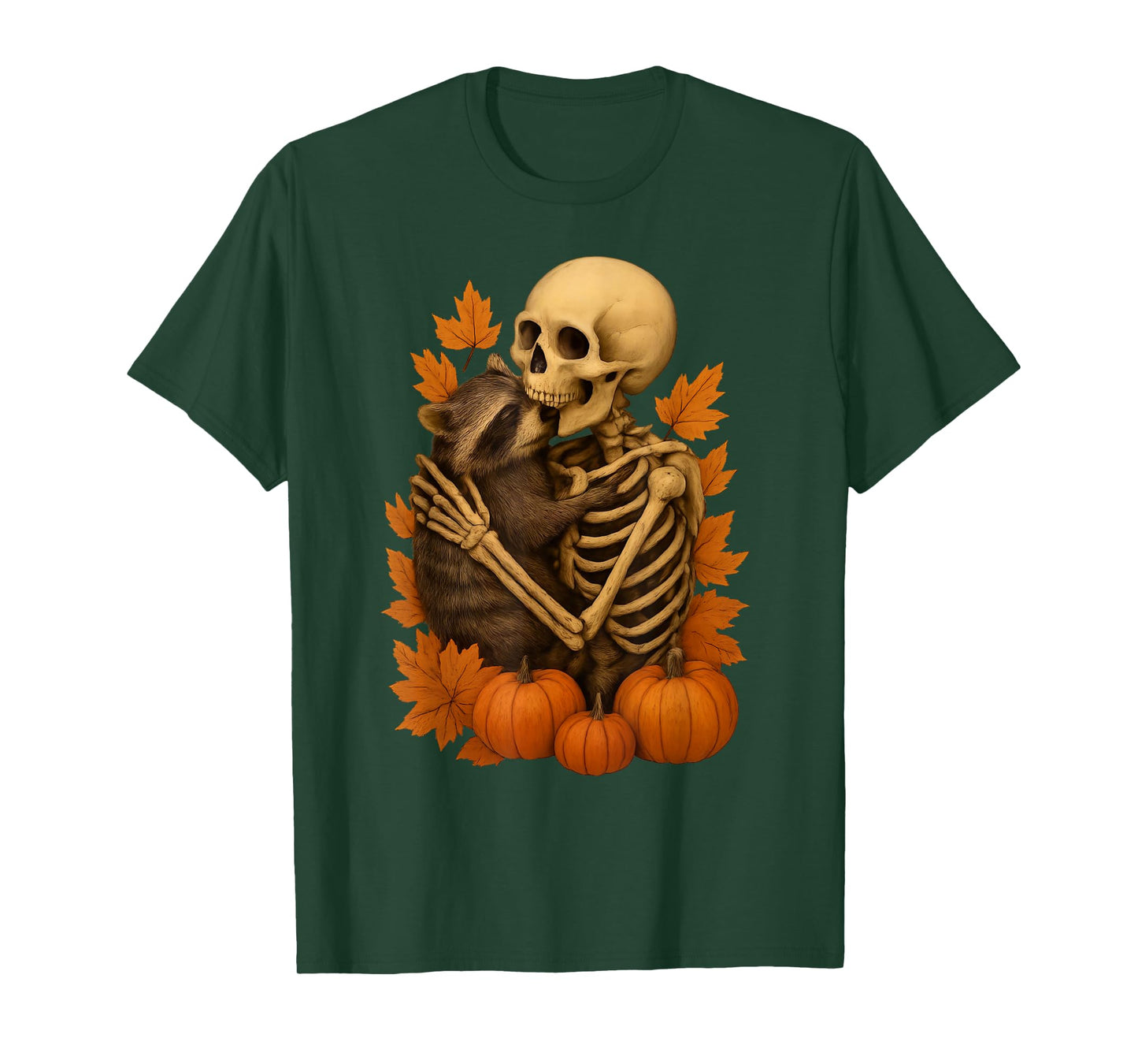 Skeleton Hugging a Raccoon Fall Vibes Halloween Costume Cute T-Shirt
