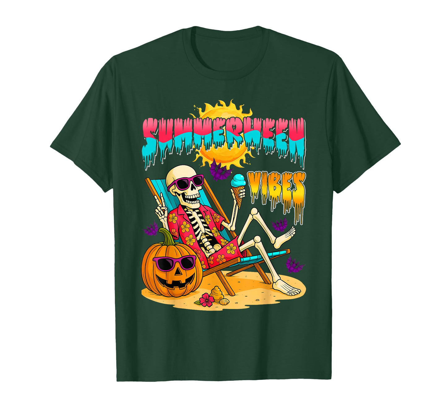 Summerween Vibes Skeleton Halloween Summer Beach Vacation T-Shirt