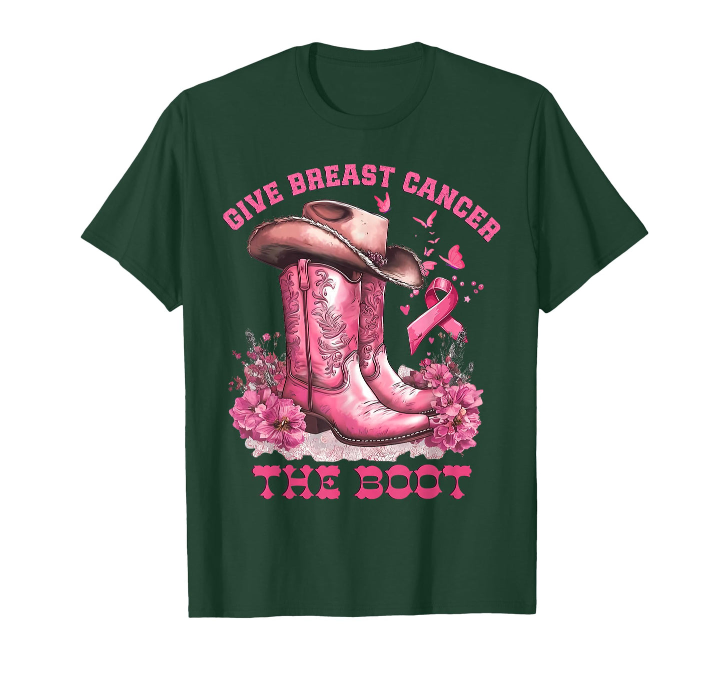 Give Breast Cancer The Boot Cowgirl Cancer Awareness Ribbon T-Shirt