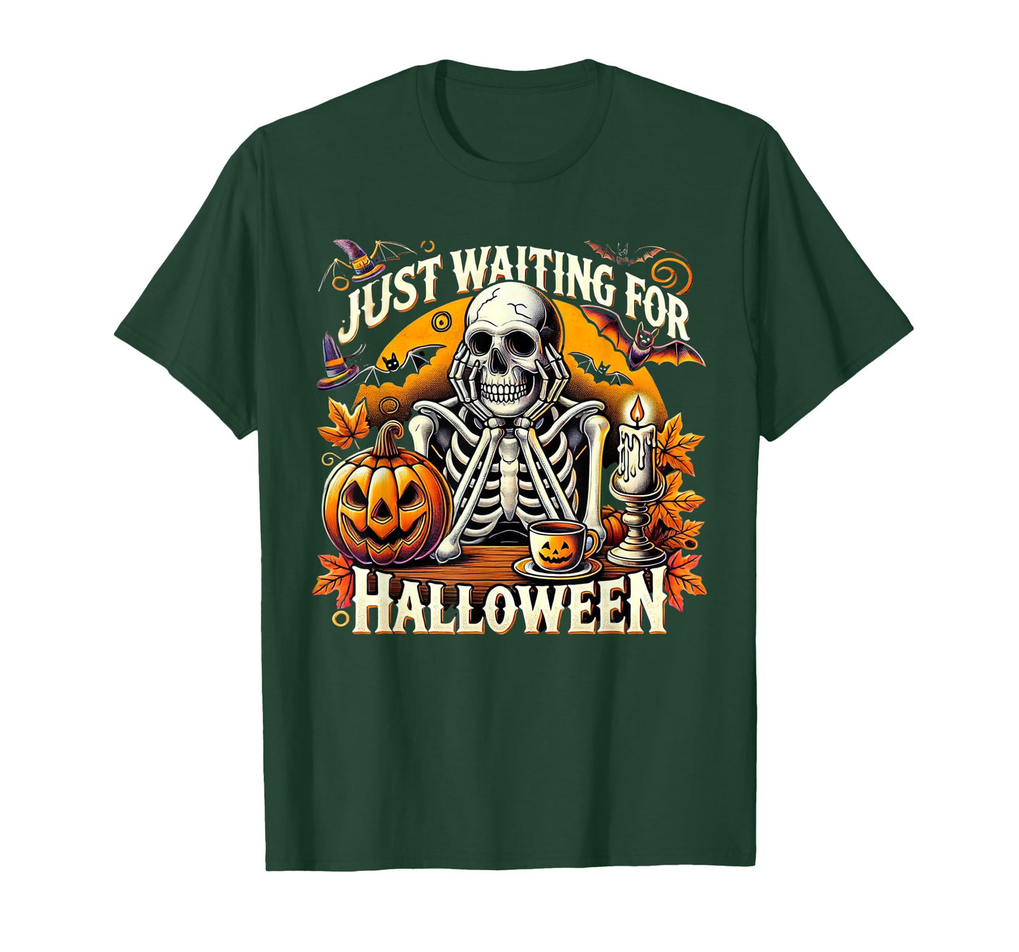 Just Waiting for Halloween Skeleton Coffee Spooky Season T-Shirt