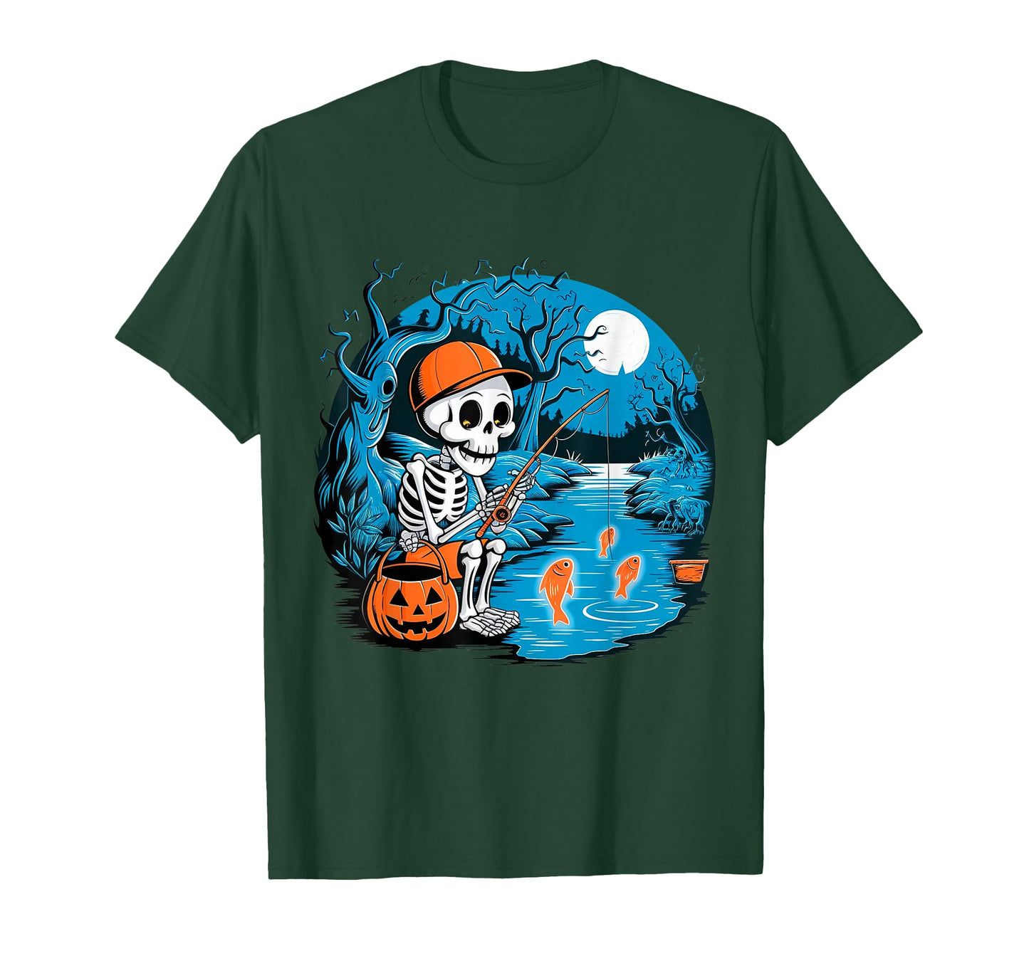 Spooky Fishing Skeleton Halloween Creepy Fisherman Boys Kids T-Shirt
