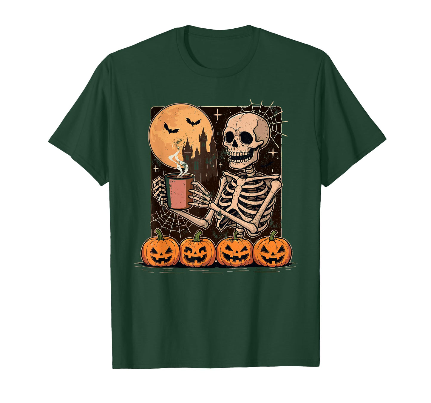 Vintage Skeleton with Coffee and Pumpkin Spooky Halloween T-Shirt