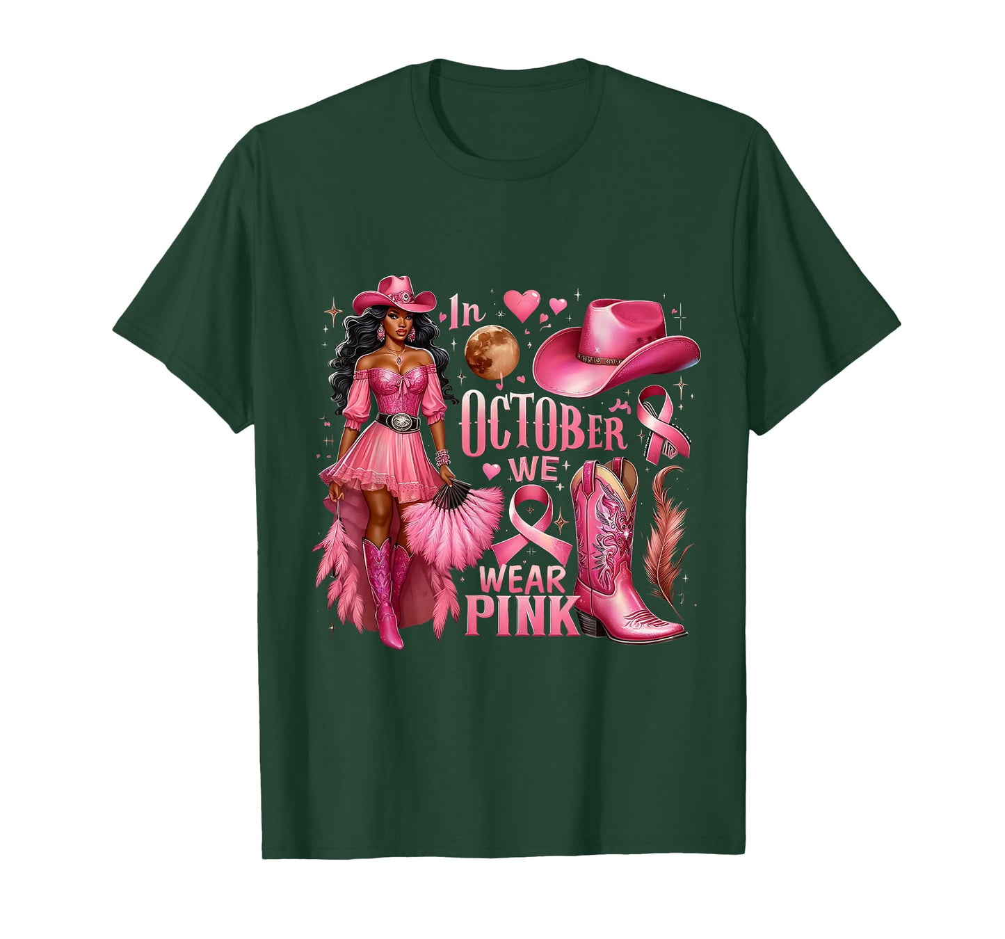 in October We Wear Pink Cowgirl Melanin Rodeo Breast Cancer T-Shirt