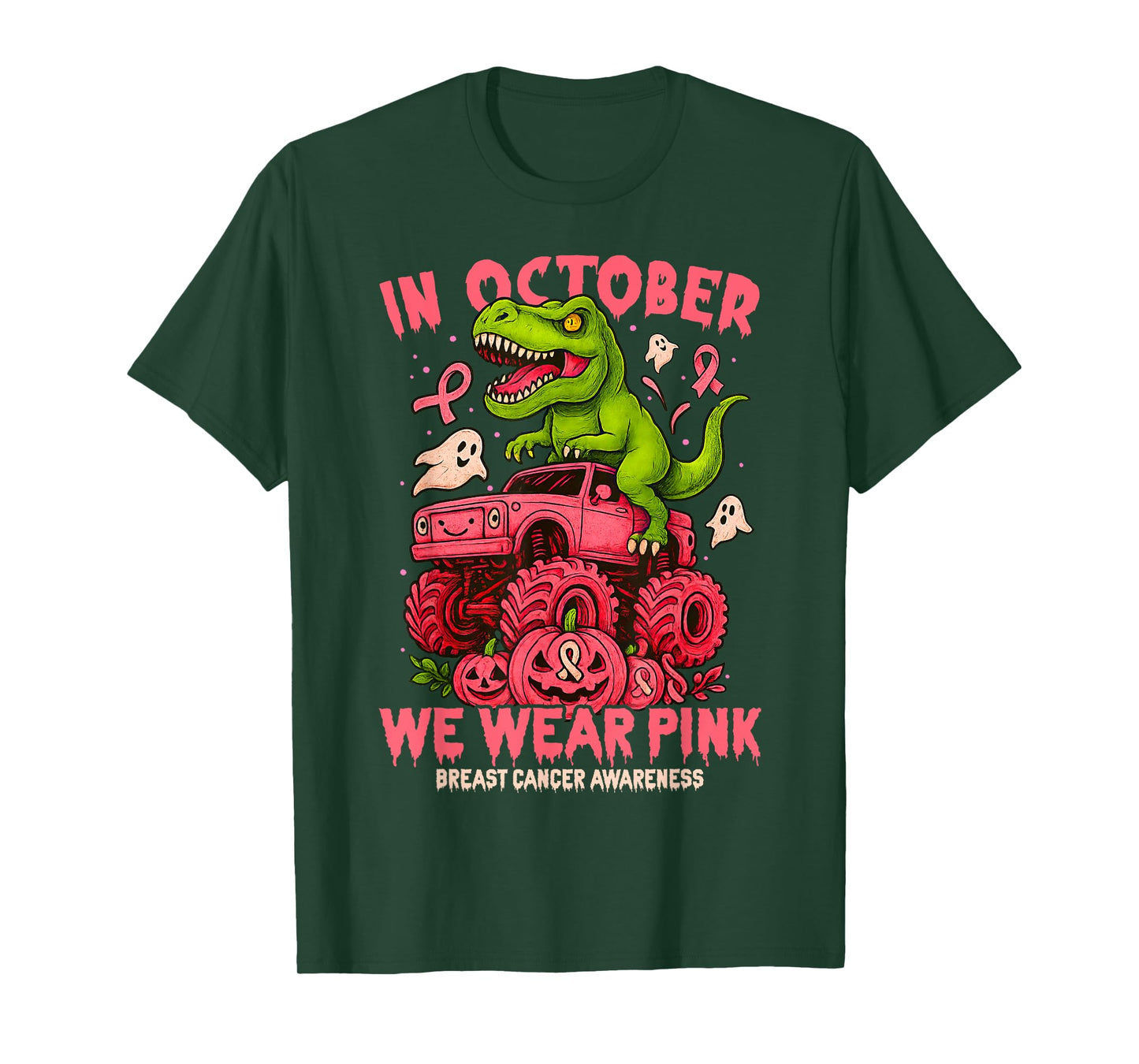 in October We Wear Pink T Rex Dinosaur Monster Truck Pumpkin T-Shirt