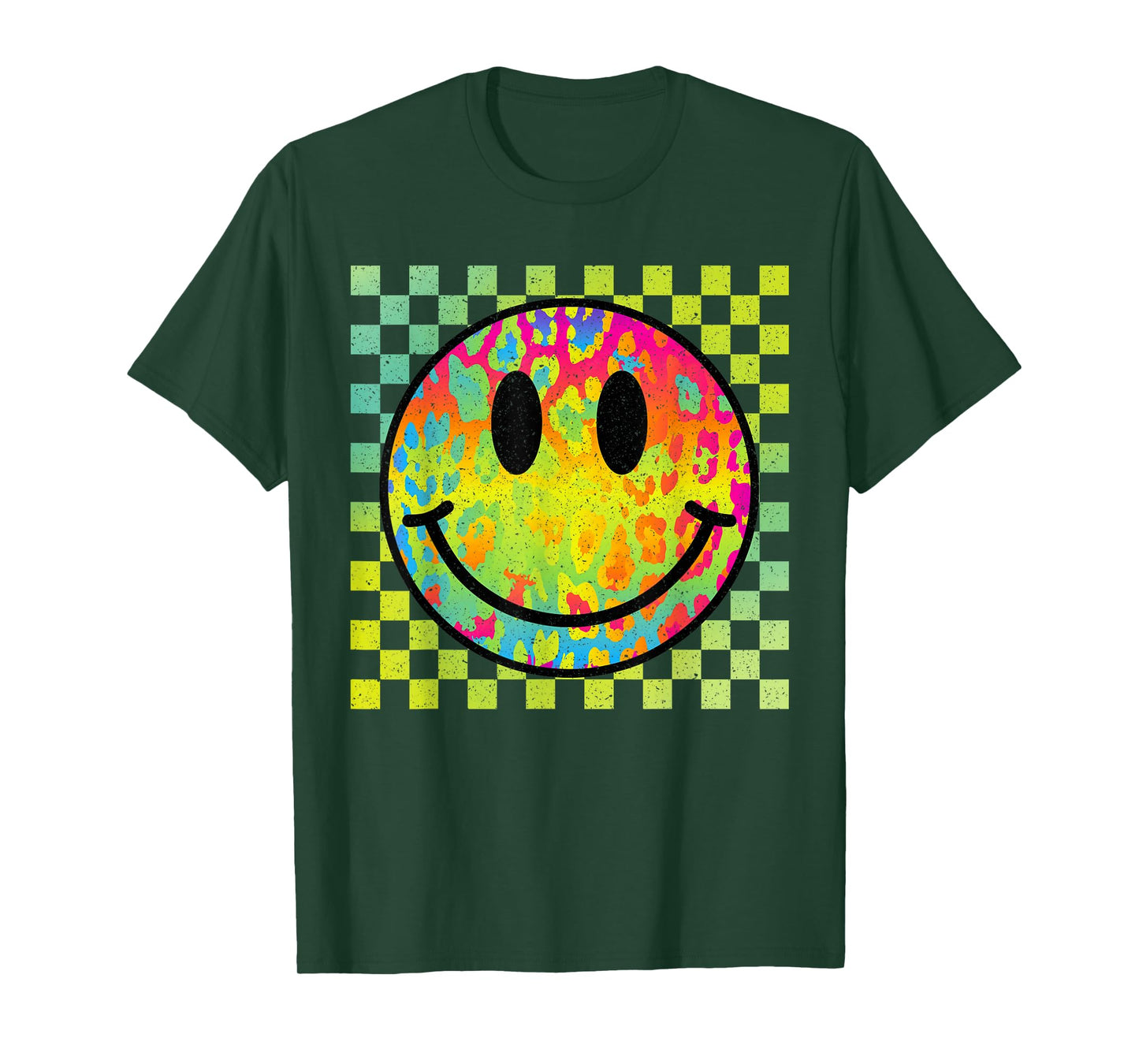 Retro Happy Face Tie Dye Checkered Pattern Smile Face Trendy T-Shirt