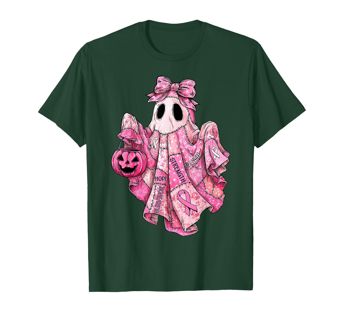 Breast Cancer Pink Ribbon Patchwork Ghost Halloween Women T-Shirt