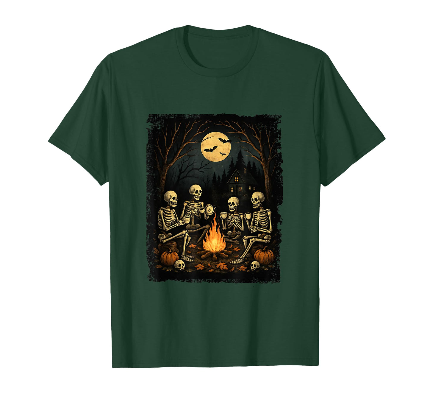 Skeletons Gathering Fire Camping Gothic Halloween Night T-Shirt