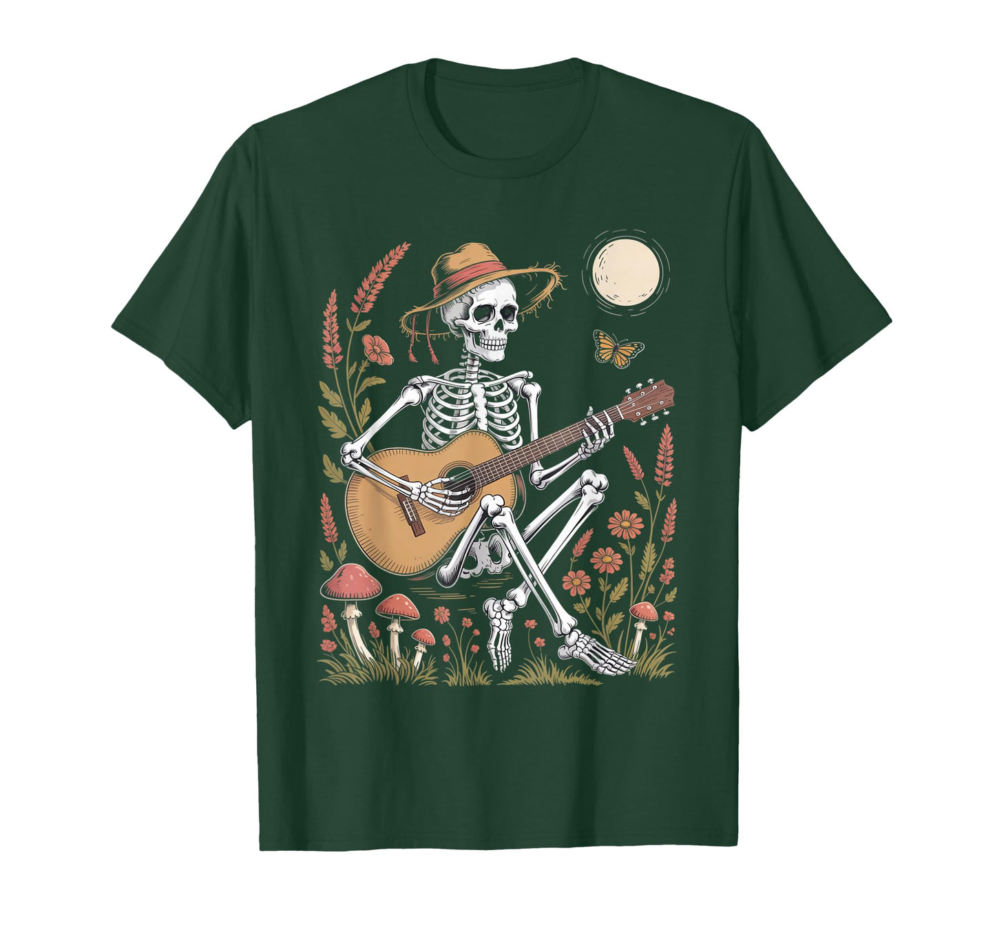 Skeleton Playing Guitar Under Moon Funny Spooky Folk Outfit T-Shirt