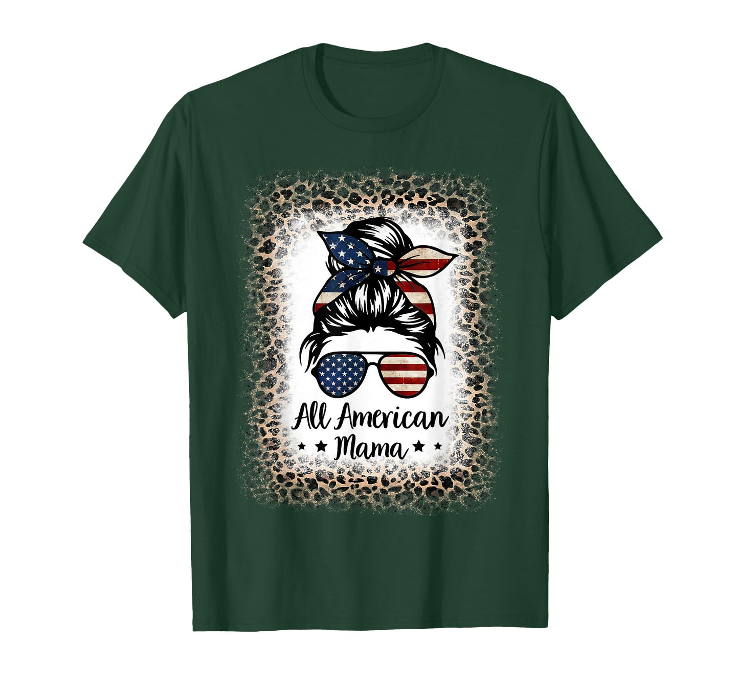 All American Mama Messy Bun Bleached Leopard 4th of July T-Shirt for Women Kids Men