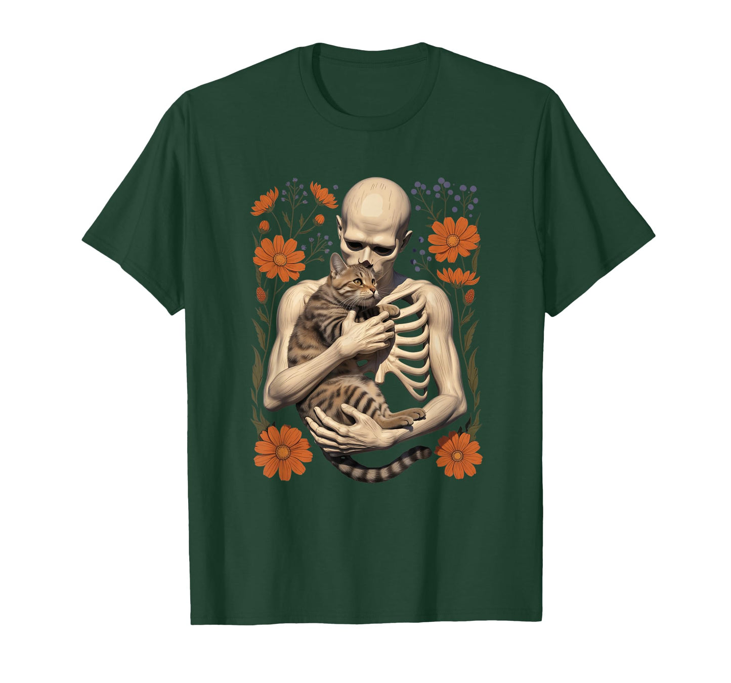 Funny Skeleton Hugging Cat Floral Halloween Cats Lover T-Shirt
