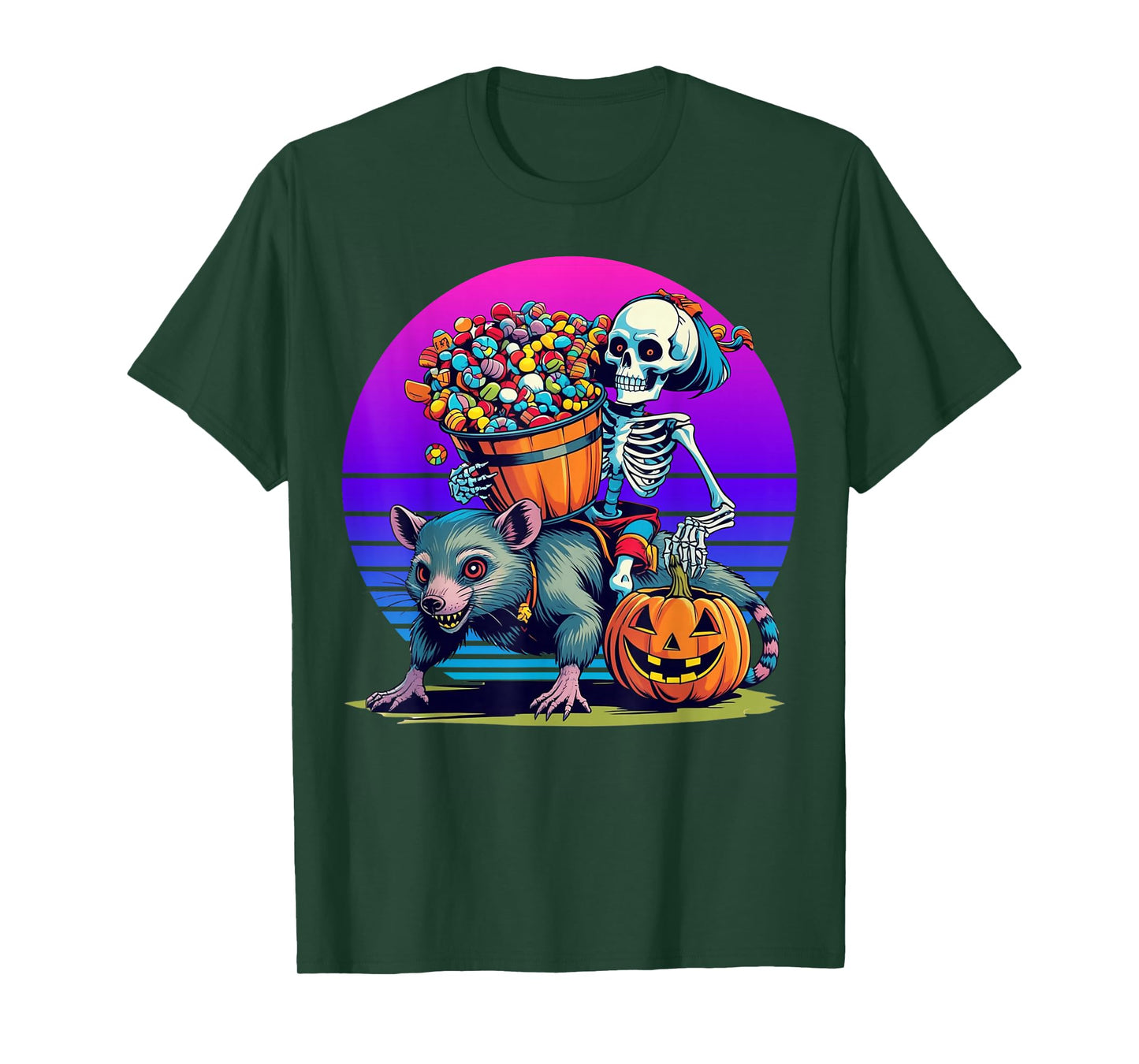 Cute Skeleton Girl Riding Opossum Candy Bucket Halloween T-Shirt