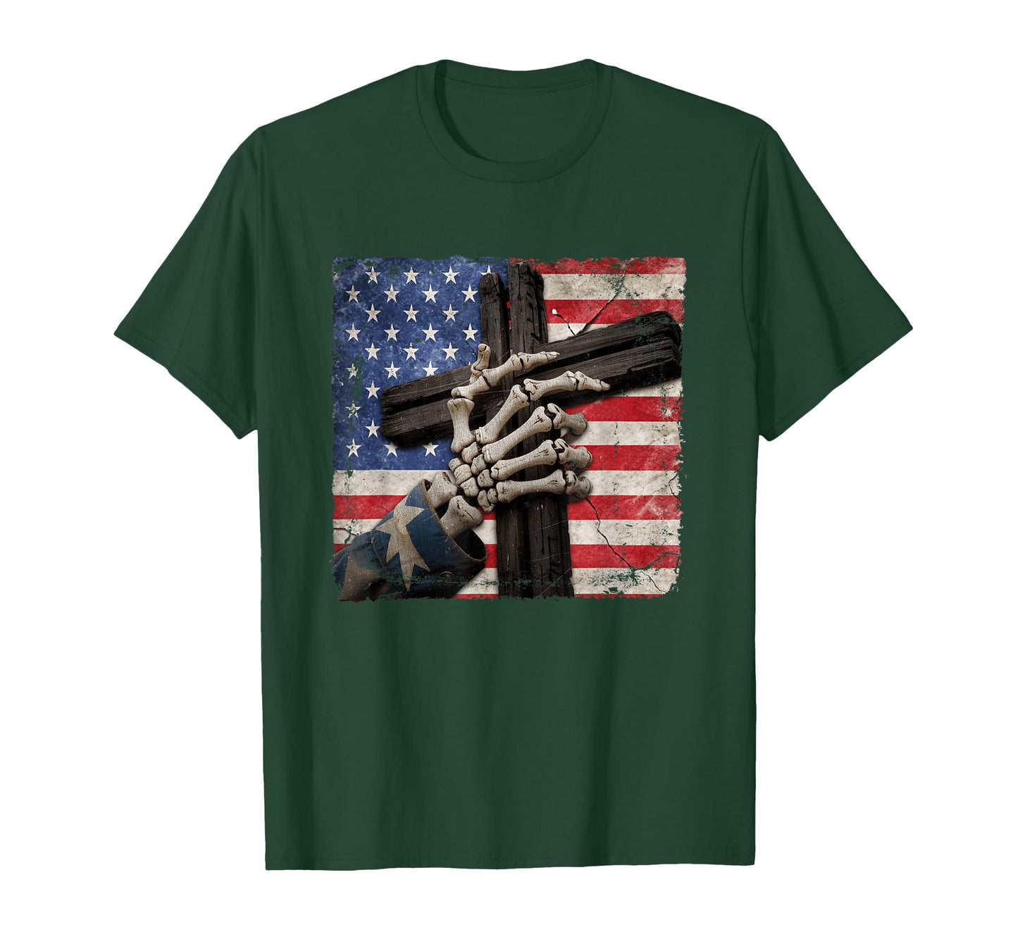 Skeleton Hand Holding Cross American Flag Patriotic Gothic T-Shirt
