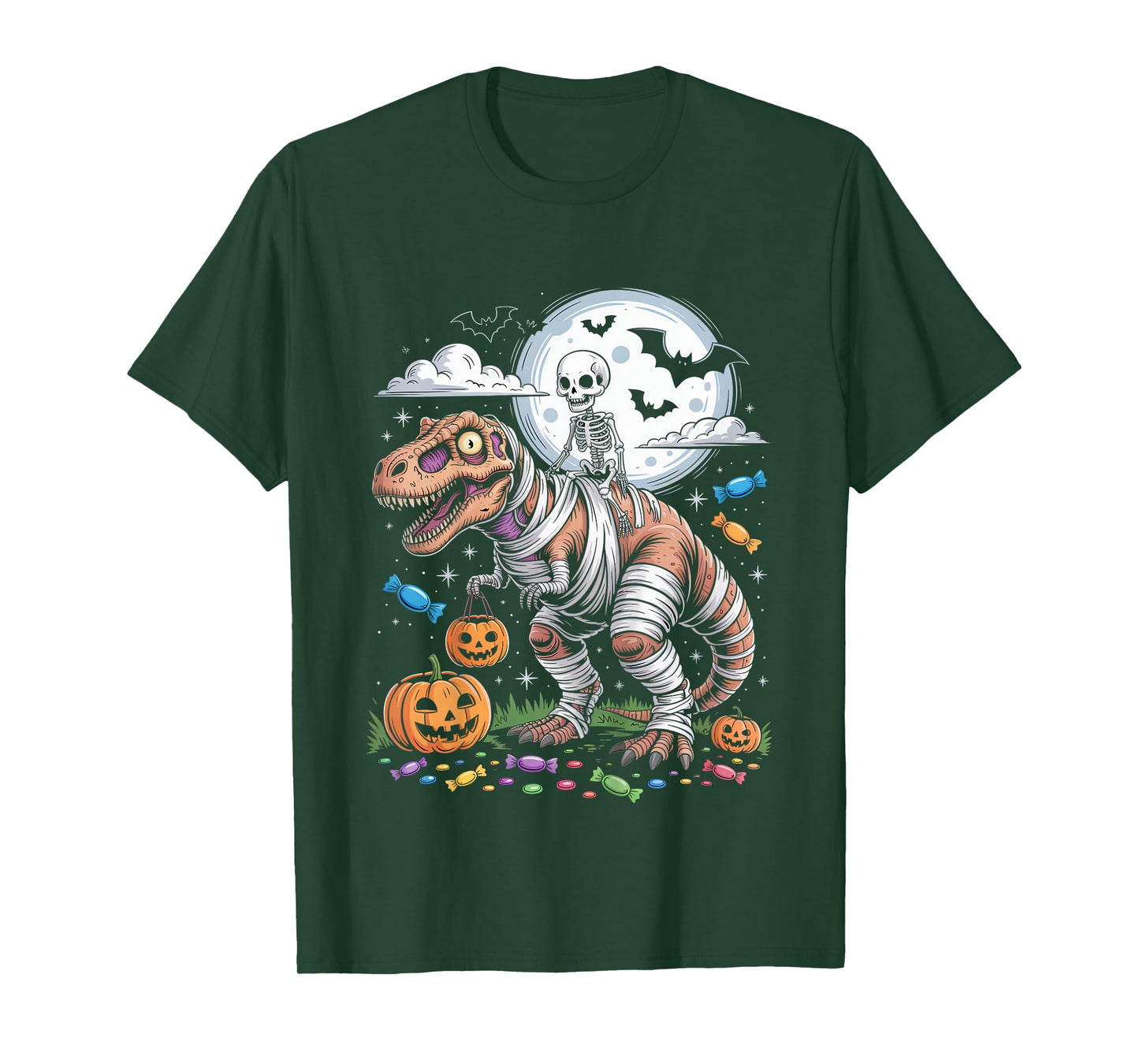 Skeleton Riding Tyrannosaurus Skeleton Halloween Spooky T-Shirt
