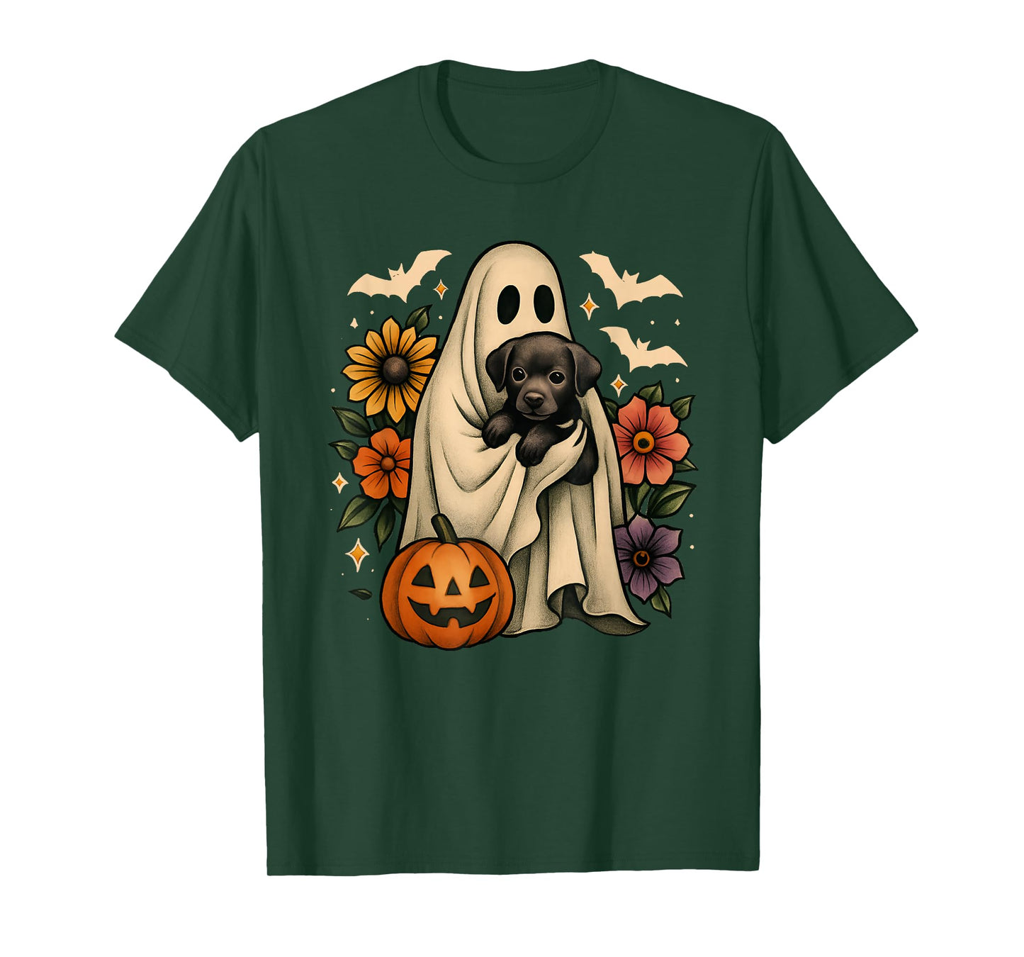 Floral Ghost Black Dog Coquette Funny Halloween Design T-Shirt