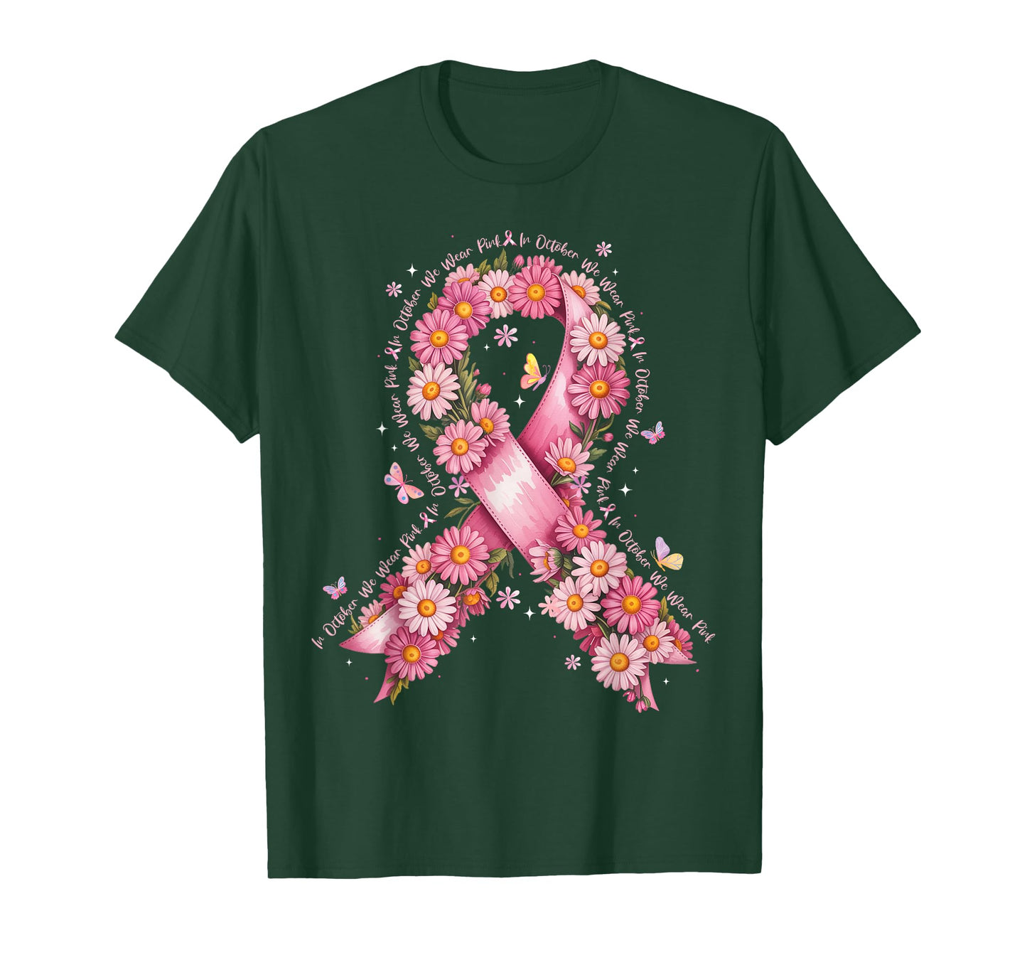 in October We Wear Pink Daisy Floral Ribbon Breast Cancer T-Shirt