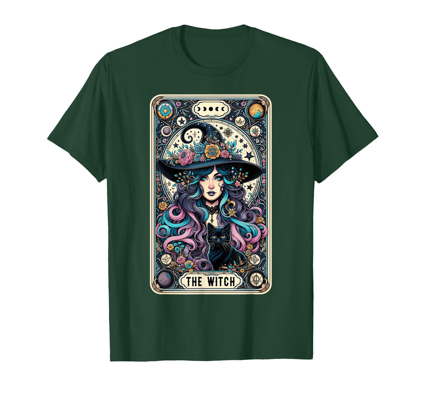 The Witch Cat Tarot Card Witch Vintage Gothic Halloween T-Shirt for Men Women Kids
