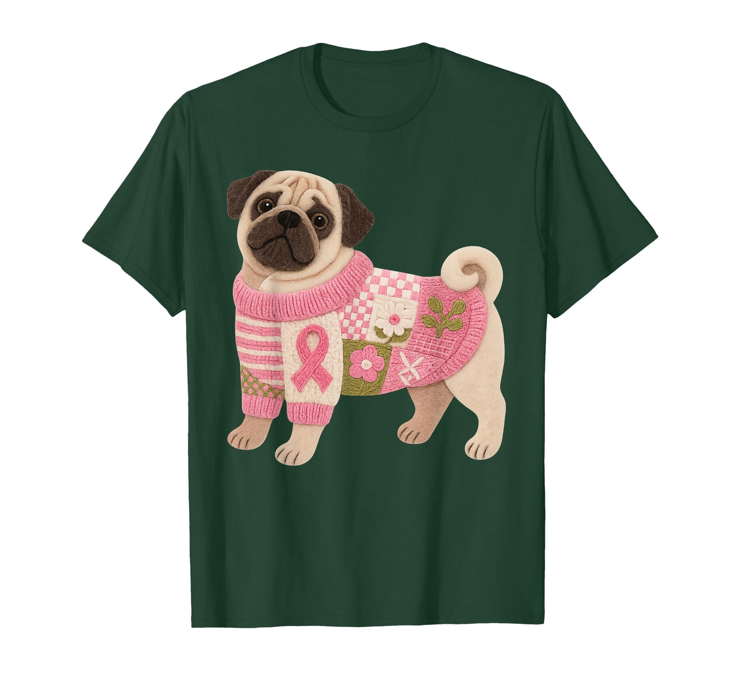 Pug Dog Pink Ribbon Breast Cancer Pattern Felt Art T-Shirt