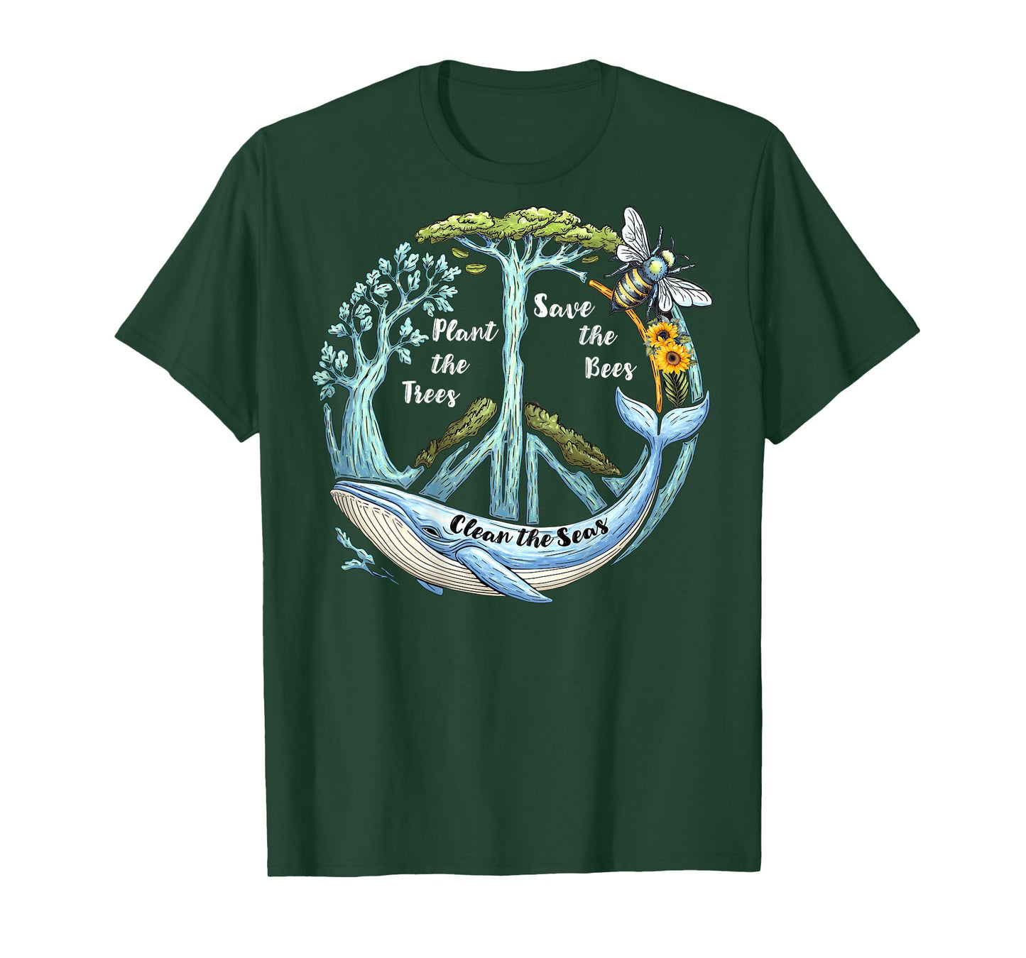 On Back Plant the Trees Save the Bees Peace Sign Earth Day T-Shirt