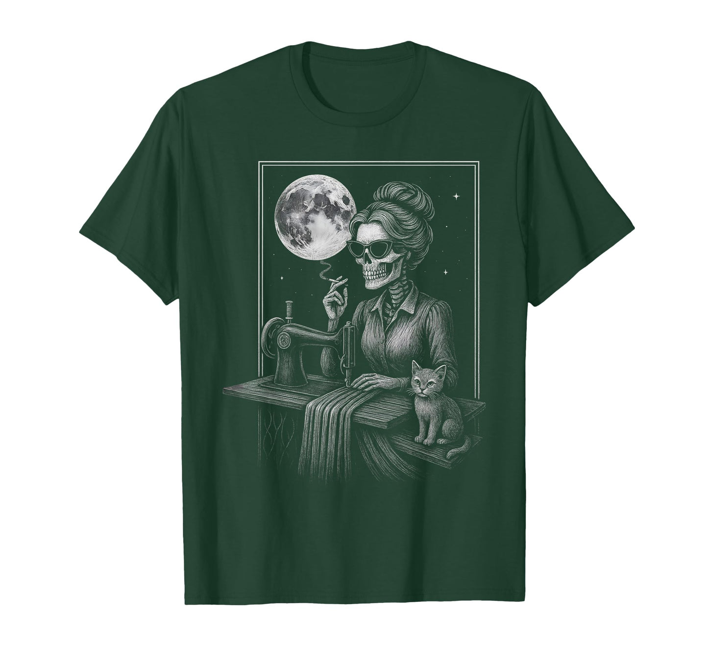 Messy Bun Skeleton Sewer Quilter Skull Halloween Cat Woodcut T-Shirt