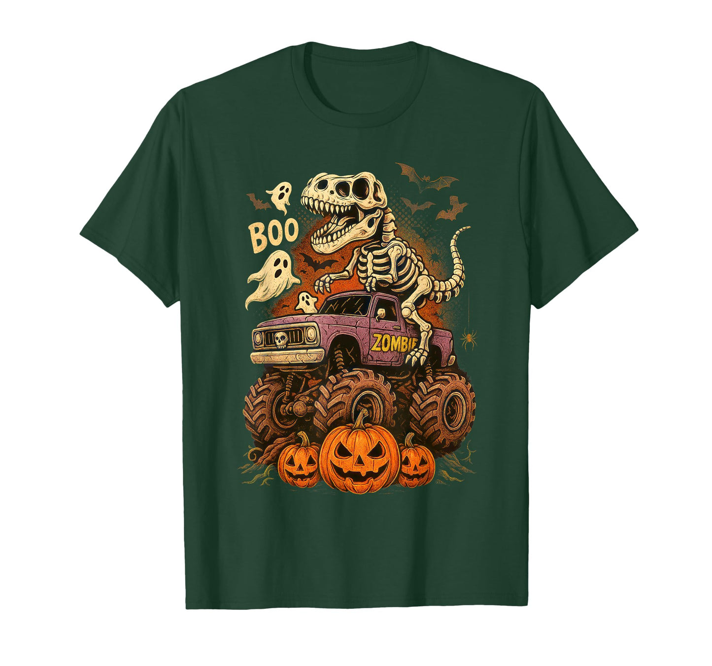 Skeleton Dinosaur T Rex and Monster Truck Pumpkin Halloween T-Shirt