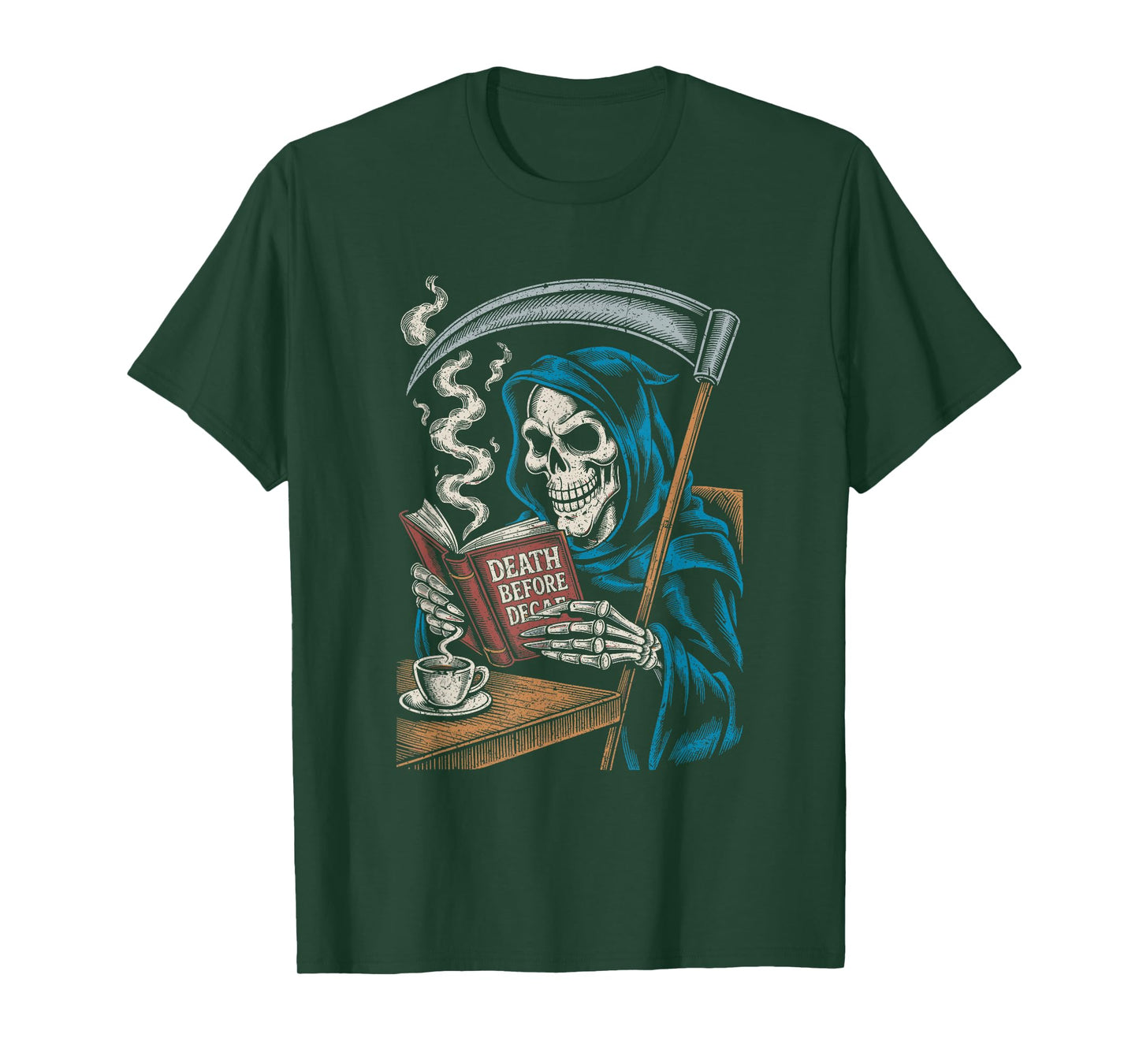 Grim Reaper Reading with Coffee Cup Halloween Horror Fun T-Shirt