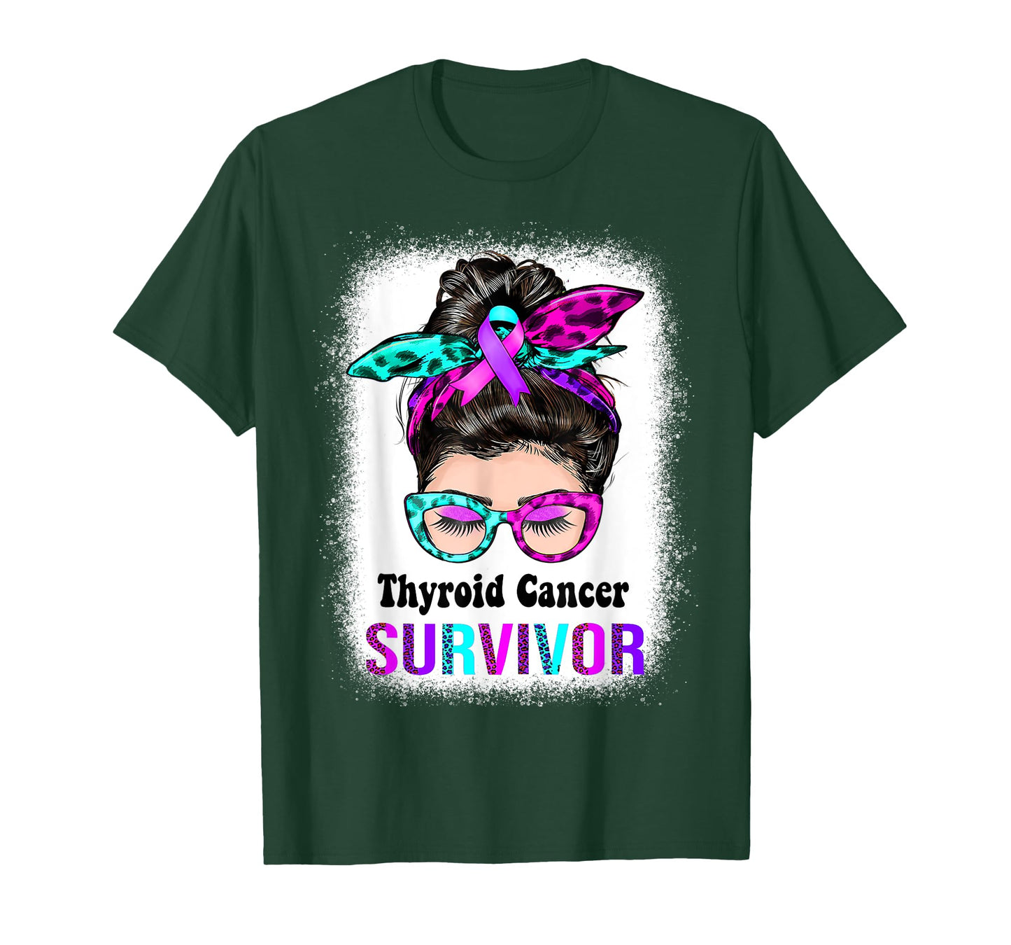 Thyroid Cancer Survivor Messy Bun Teal/Pink/Blue ribbon T-Shirt