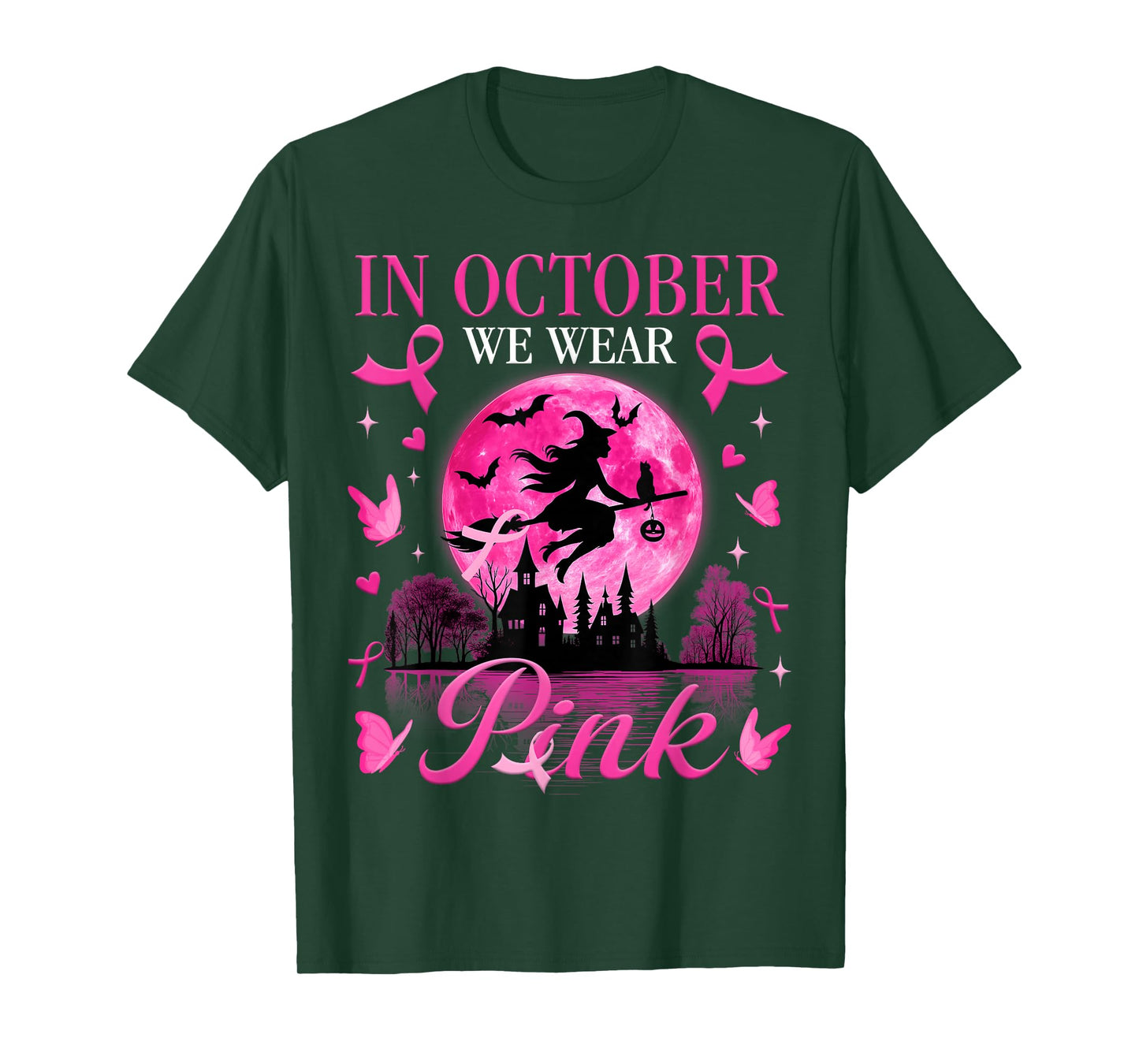 Halloween Witch in October We Wear Pink Ribbon Breast Cancer T-Shirt