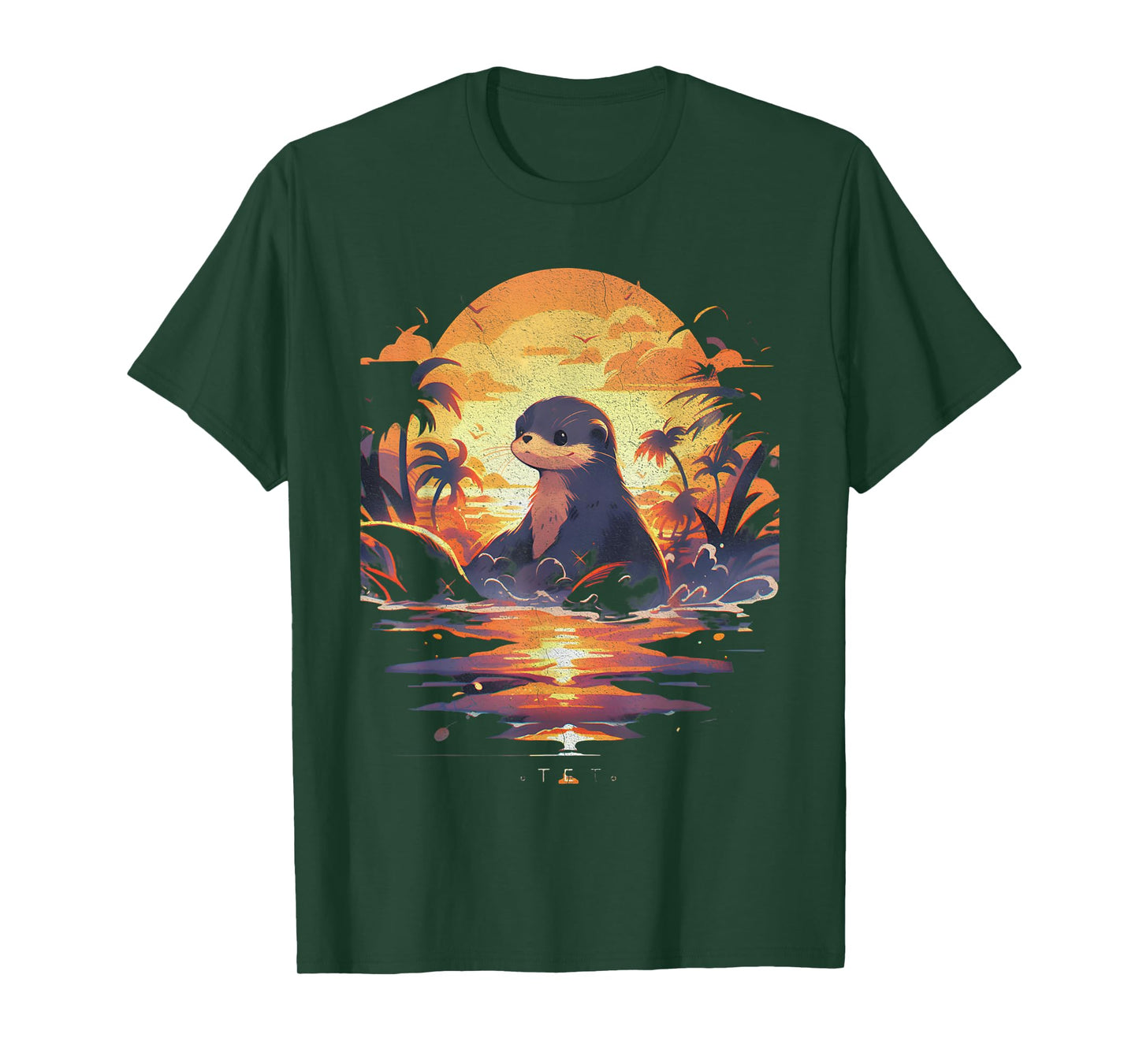 Cute Sunset Otter Tropical Beach Illustration Animal T-Shirt