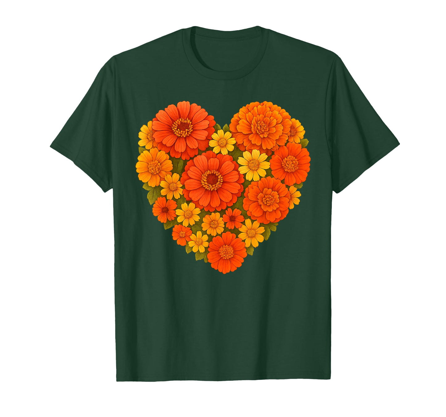 Heart Shaped Orange Yellow Marigold Zinnia Bouquet Botanical T-Shirt