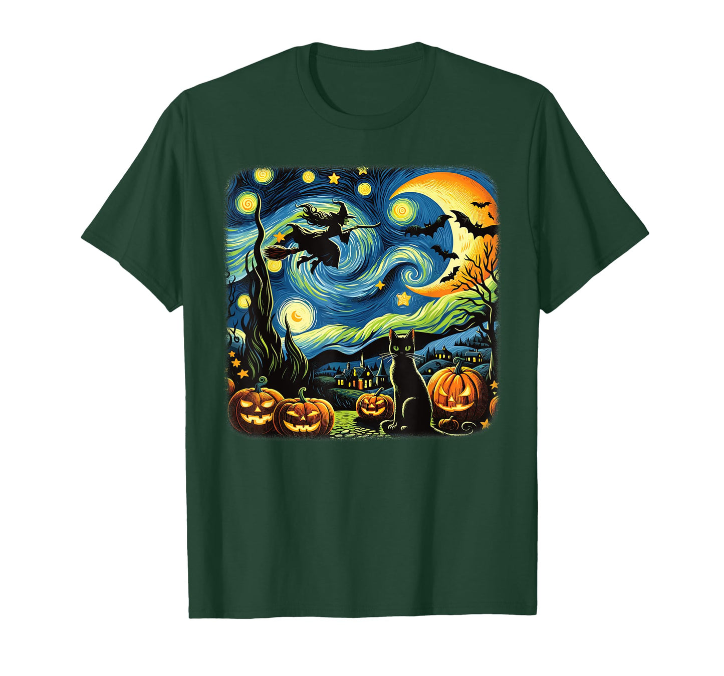 Halloween Witch Van Gogh Starry Night Black Cat Pumpkin Bats T-Shirt