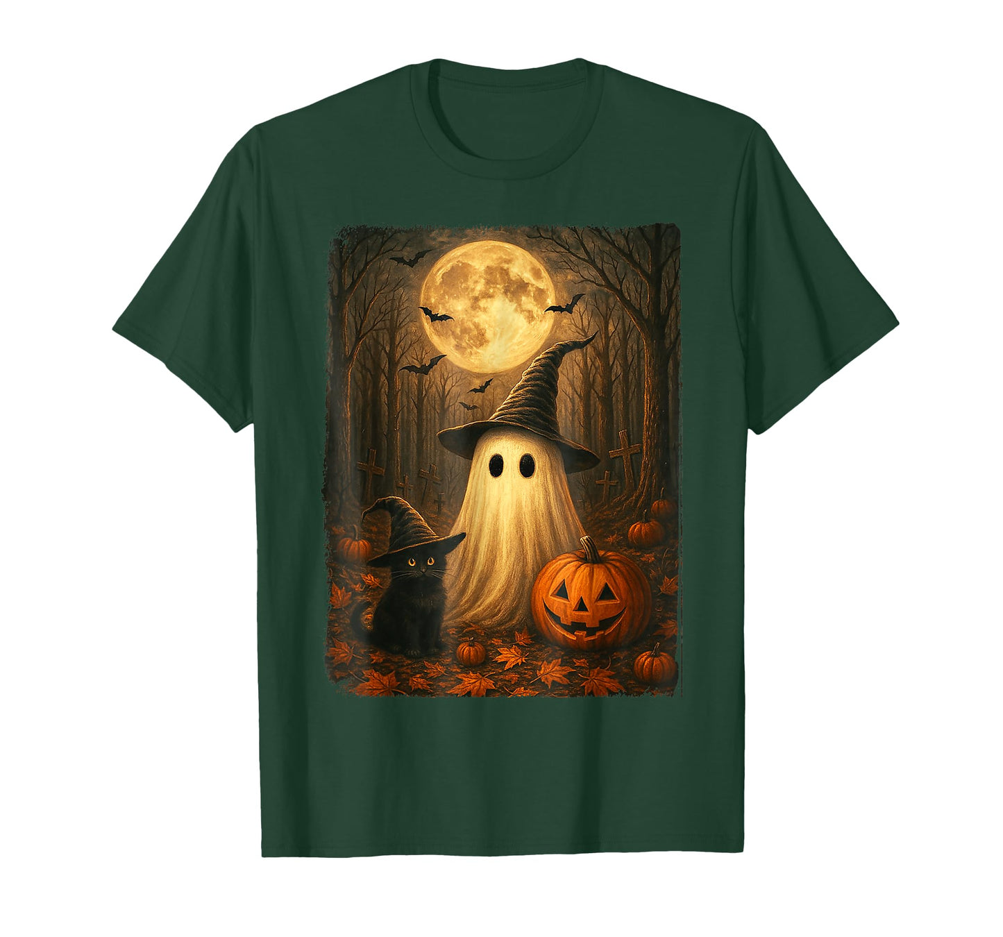 Retro Black Cat Witch Scary Halloween Ghost Pumpkin Spooky T-Shirt