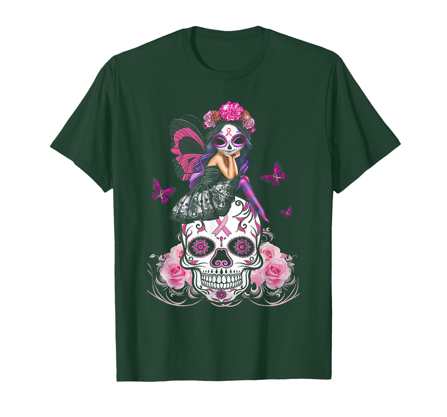 Cute Fairy Sugar Skull Breast Cancer Butterfly Pink Ribbon T-Shirt
