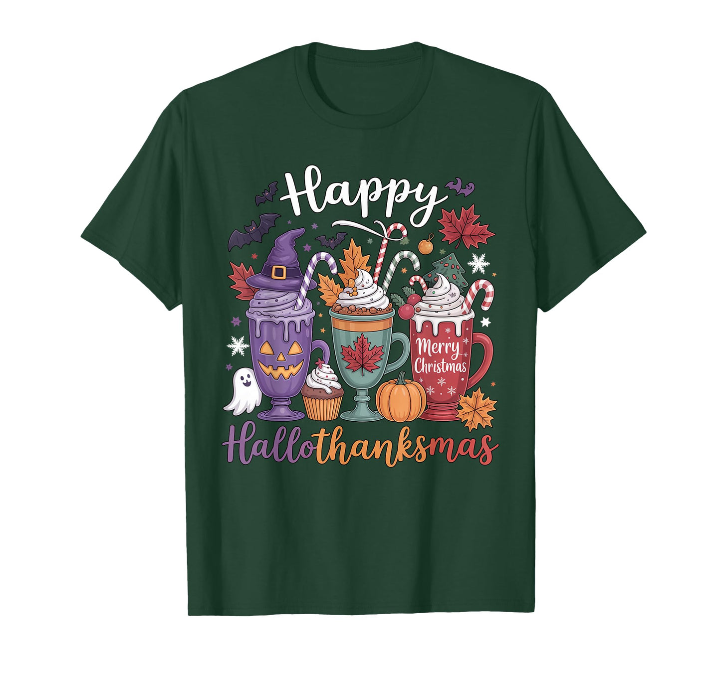 Happy Hallothanksmas Coffee Lover Halloween Merry Christmas T-Shirt