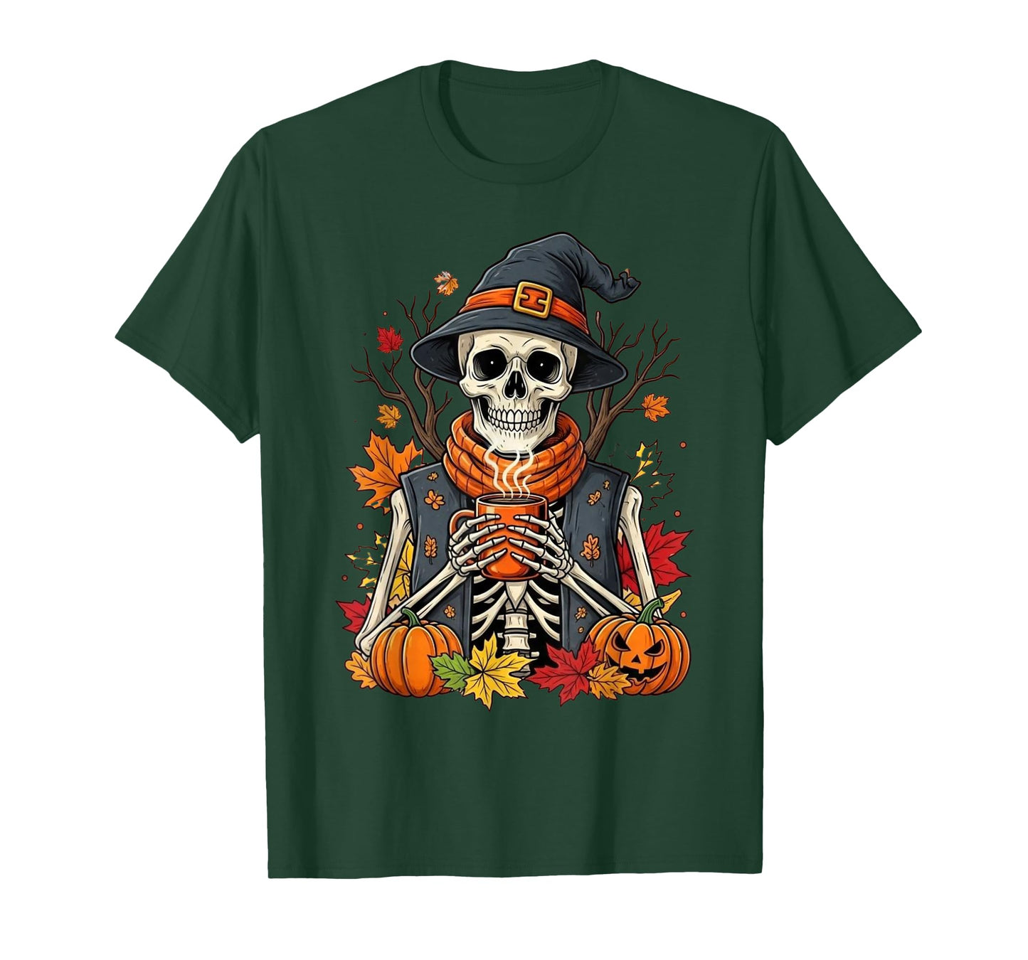 Comfy Fall Skeleton Drinking Coffee – Funny Spooky Halloween T-Shirt