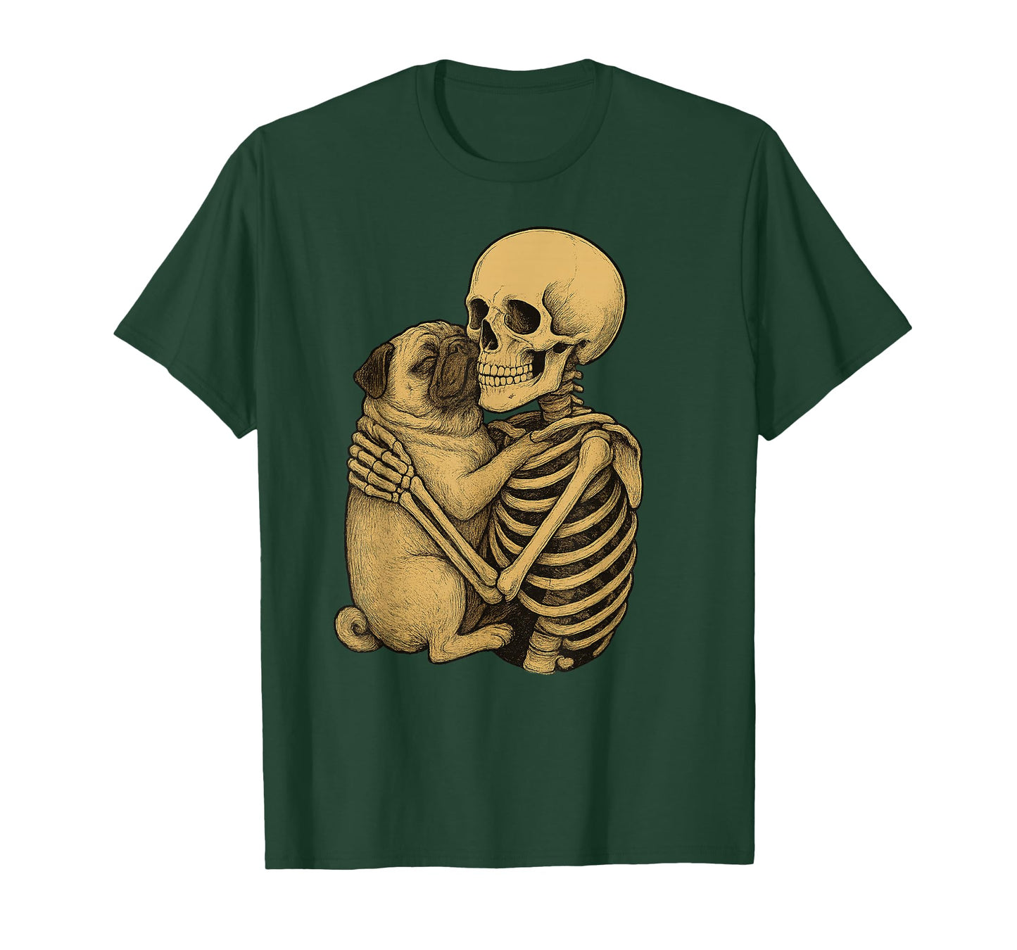 Skeleton Hugging Pug Dog Halloween T-Shirt