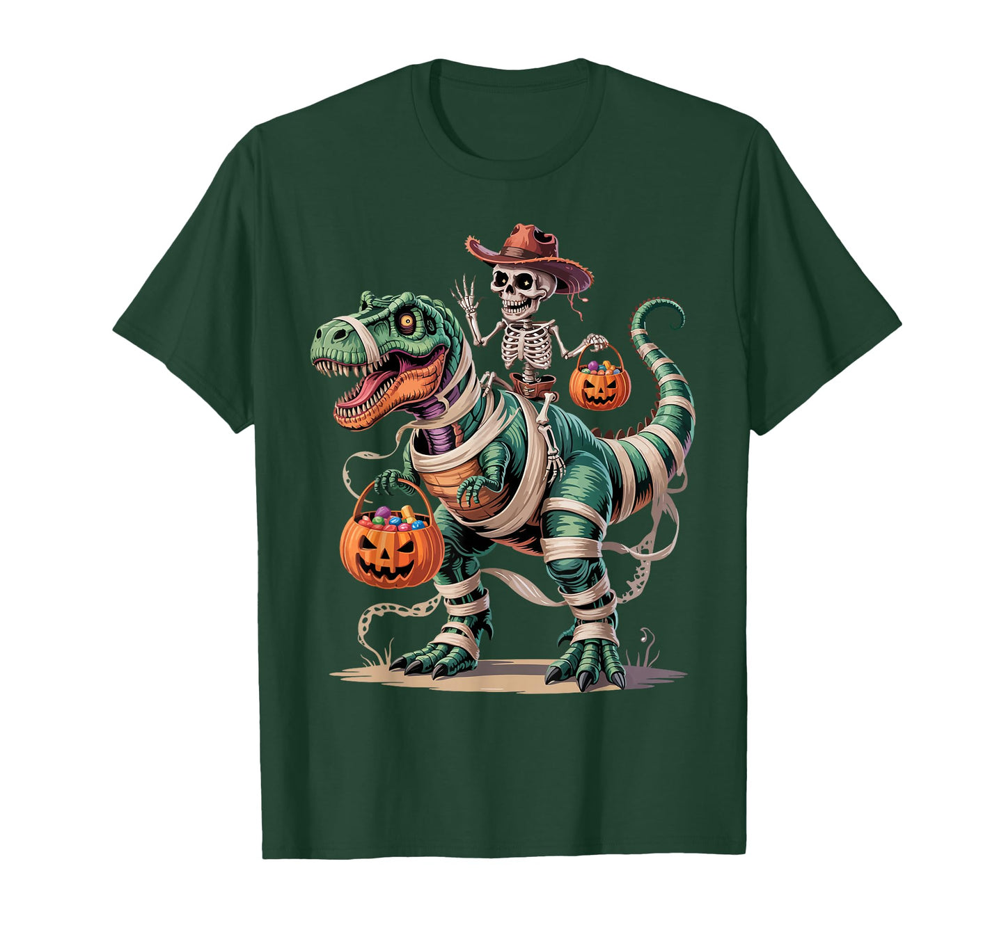 Funny Cowboy Skeleton Riding Mummy Dinosaur T rex Halloween T-Shirt