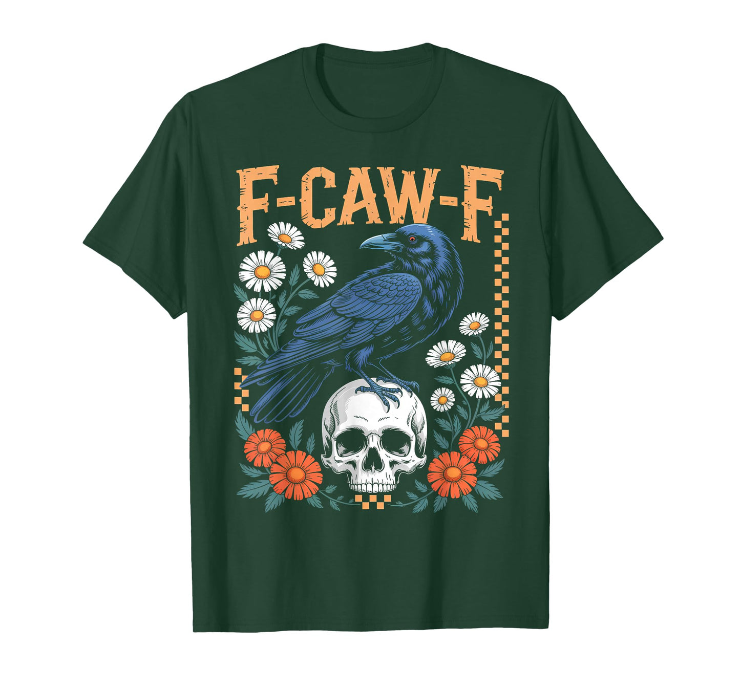 Black Crow F-Caw-F Black Bird Human Skull Floral Gothic T-Shirt