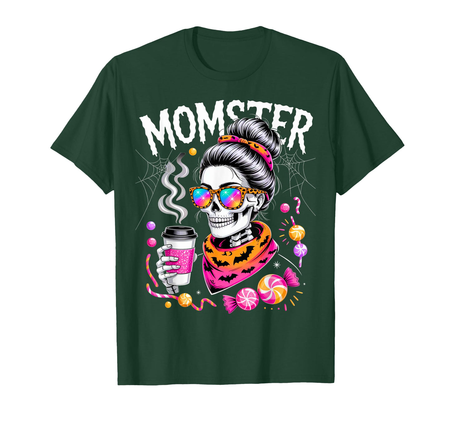 Momster Halloween Costume Skeleton Messy Bun Mother Coffee T-Shirt