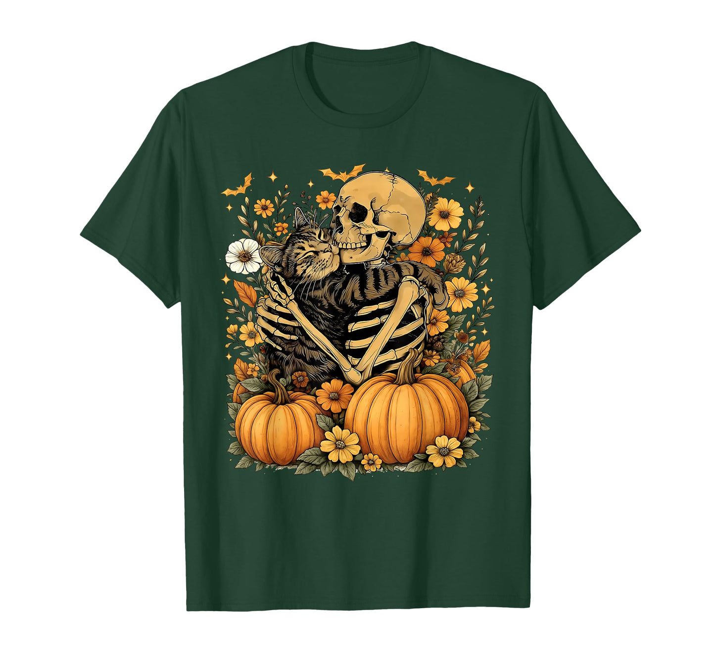 Skeleton Hugging Cat Floral Halloween Cats Lover T-Shirt