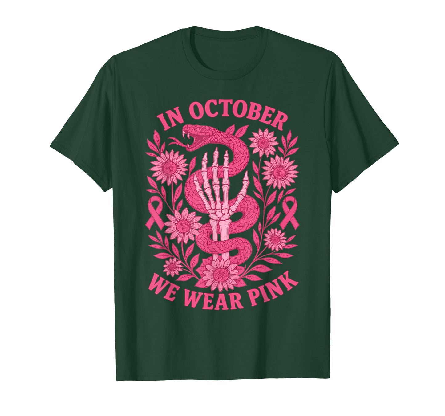 in October We Wear Pink Ribbon Snake Skeleton Hand Womens T-Shirt
