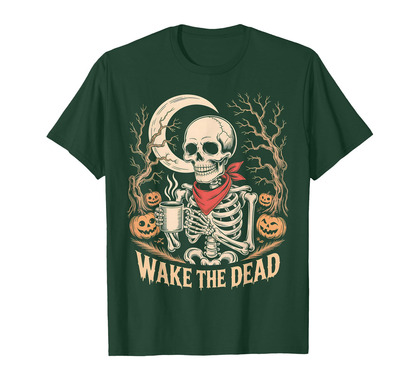 Wake The Dead Skeleton Coffee Pumpkin Halloween Crescent T-Shirt
