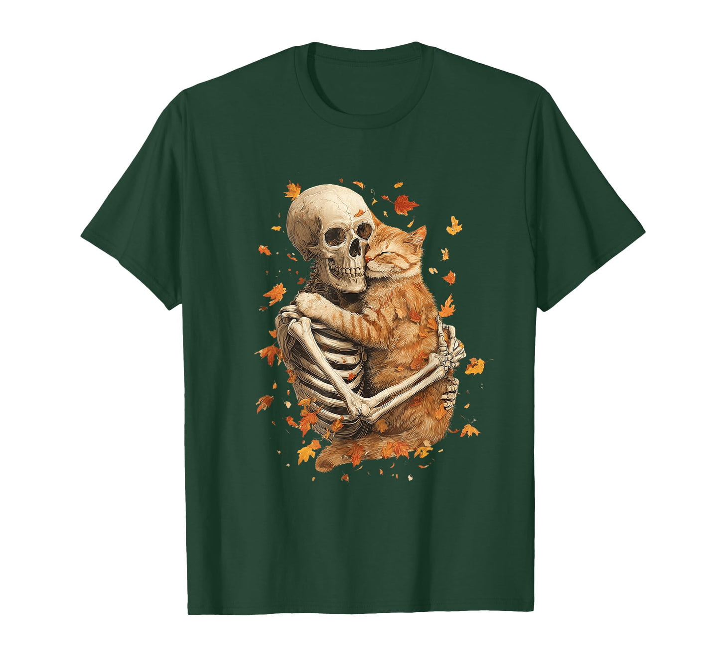 Skeleton Hug Cat Fall Leaves Funny Halloween Goth Spooky T-Shirt