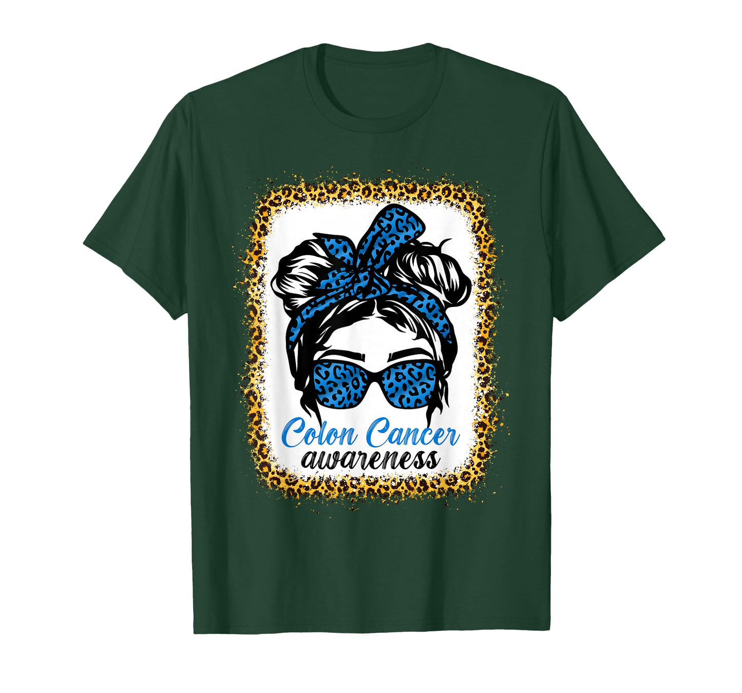 Messy bun Blue Colon Cancer Awareness Leopard Bleached T-Shirt