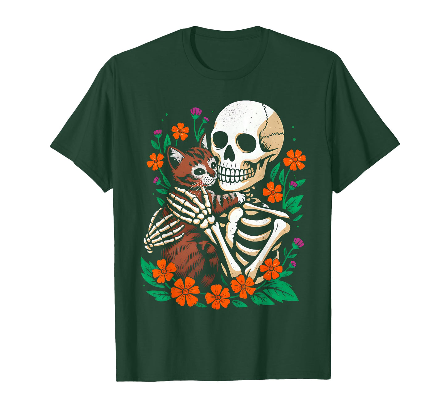 Skeleton Hugging Cat Floral Funny Halloween Cats Lover T-Shirt