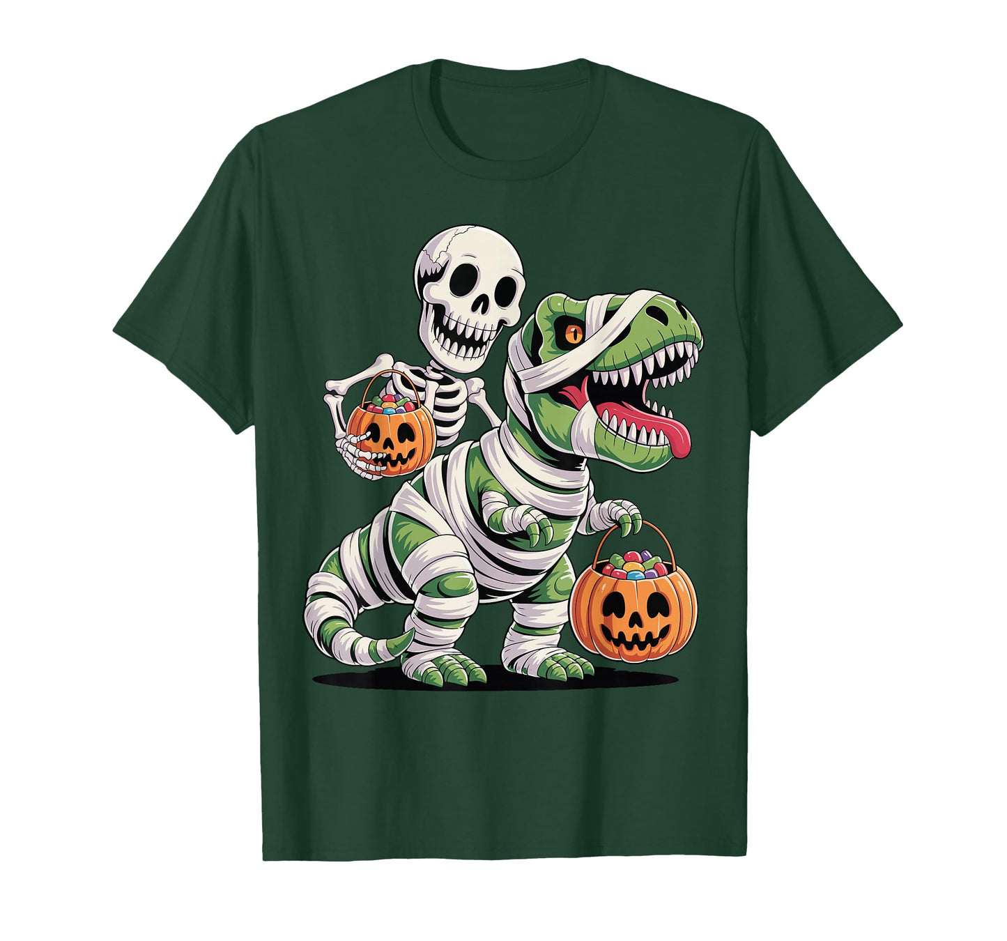 Skeleton Riding Mummy Dinosaur T Rex Funny Halloween T-Shirt