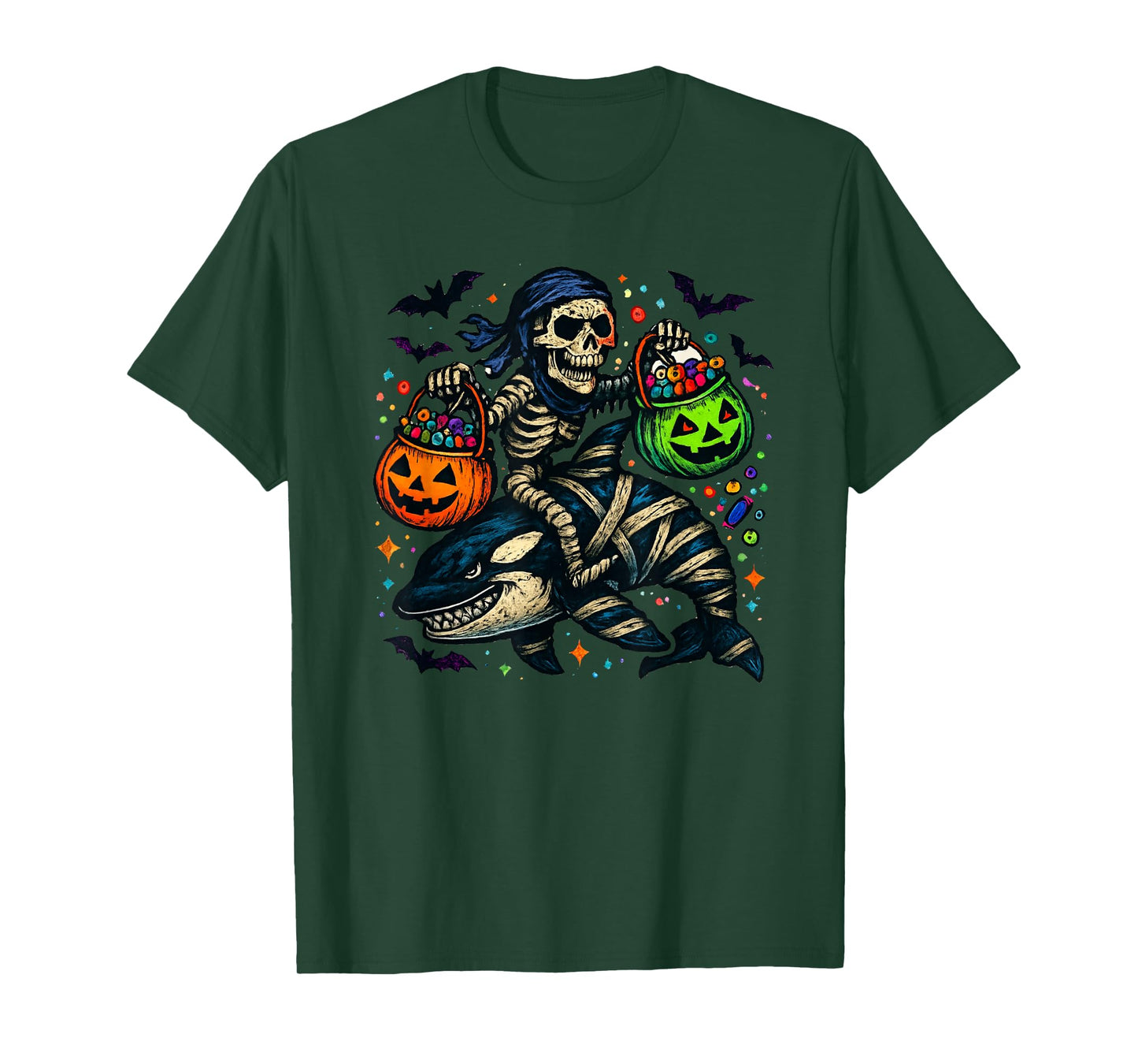 Skeleton Riding Mummy Orca Halloween Candy Whale T-Shirt